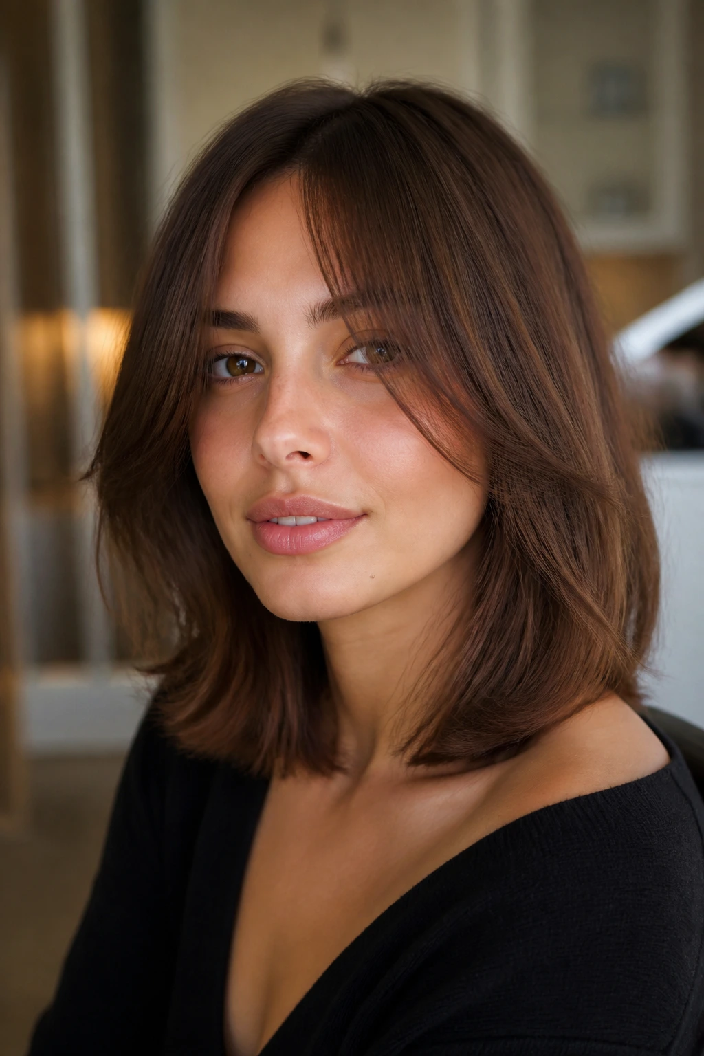 Portrait of a woman with bottleneck bangs framing the forehead.