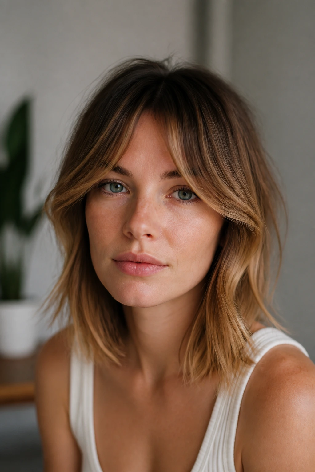 Close-up of a person with bottleneck bangs featuring a short center and wider sides in natural light