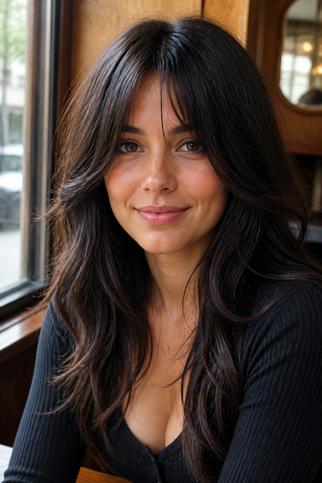 Portrait of a person with bottleneck bangs by cafe window light