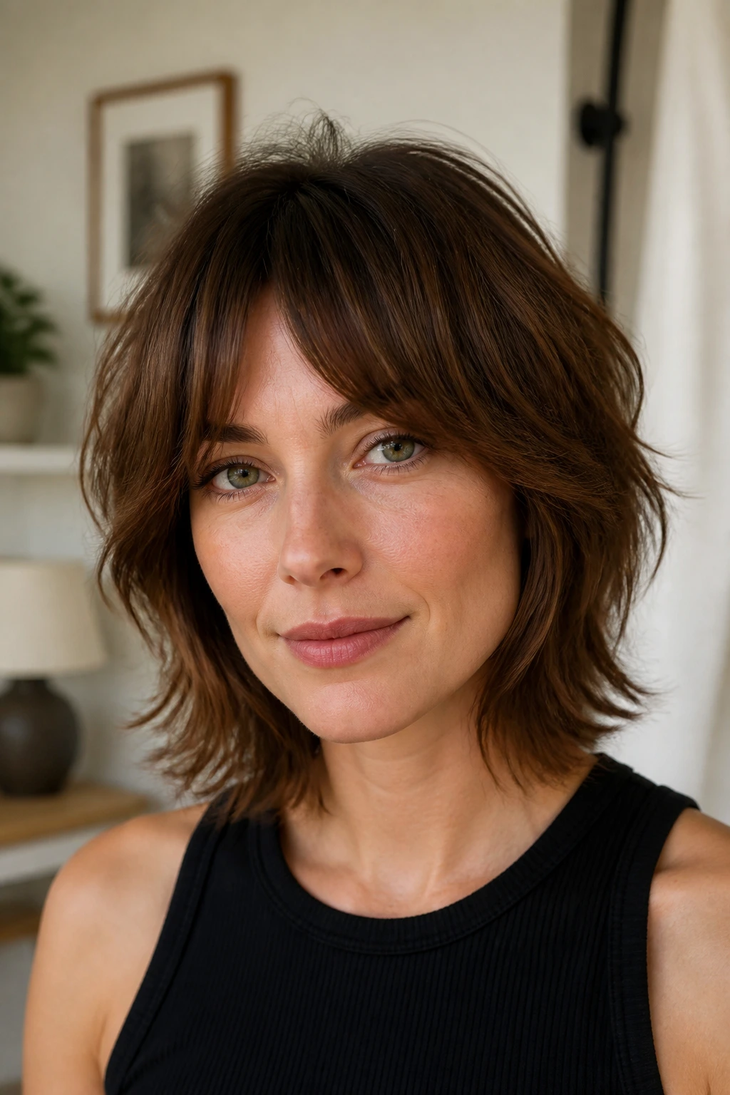 Close-up of a real woman with bottleneck bangs blended into shag layers
