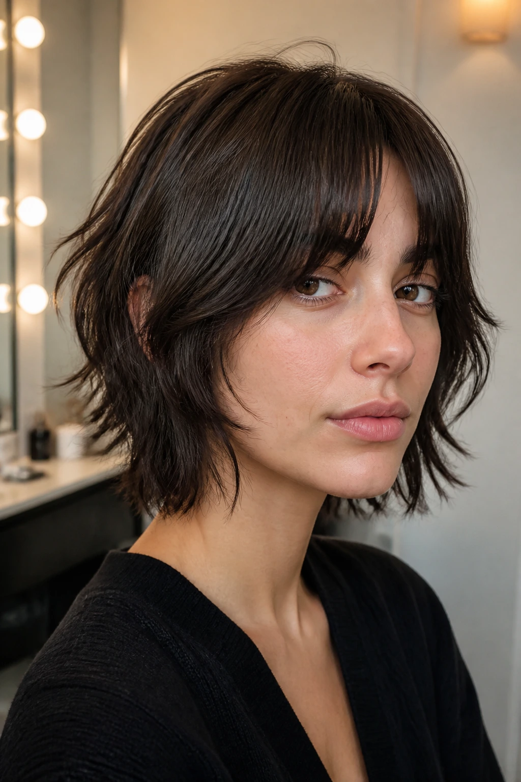 Close-up portrait of a woman with bottleneck bangs forming a bottle-shaped frame