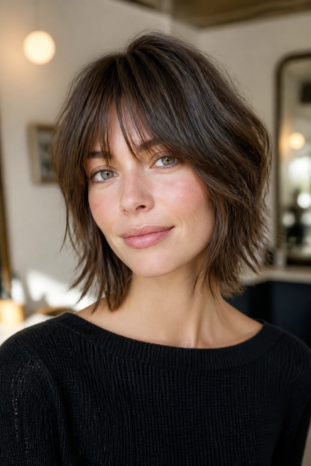 Close-up of real woman with bottleneck bangs and shaggy layers