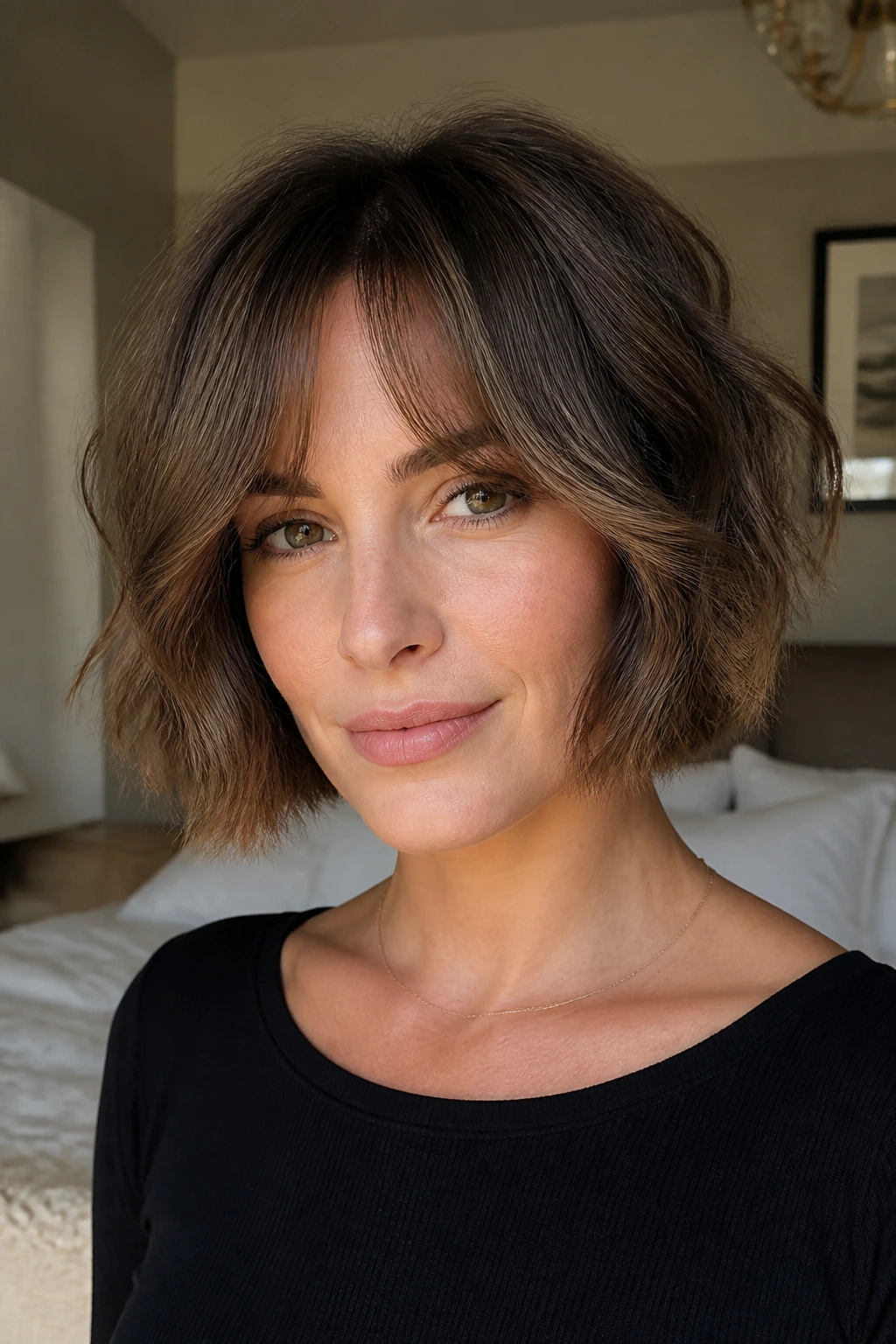 Close-up portrait of a real woman with bottleneck bangs blended into a textured bob