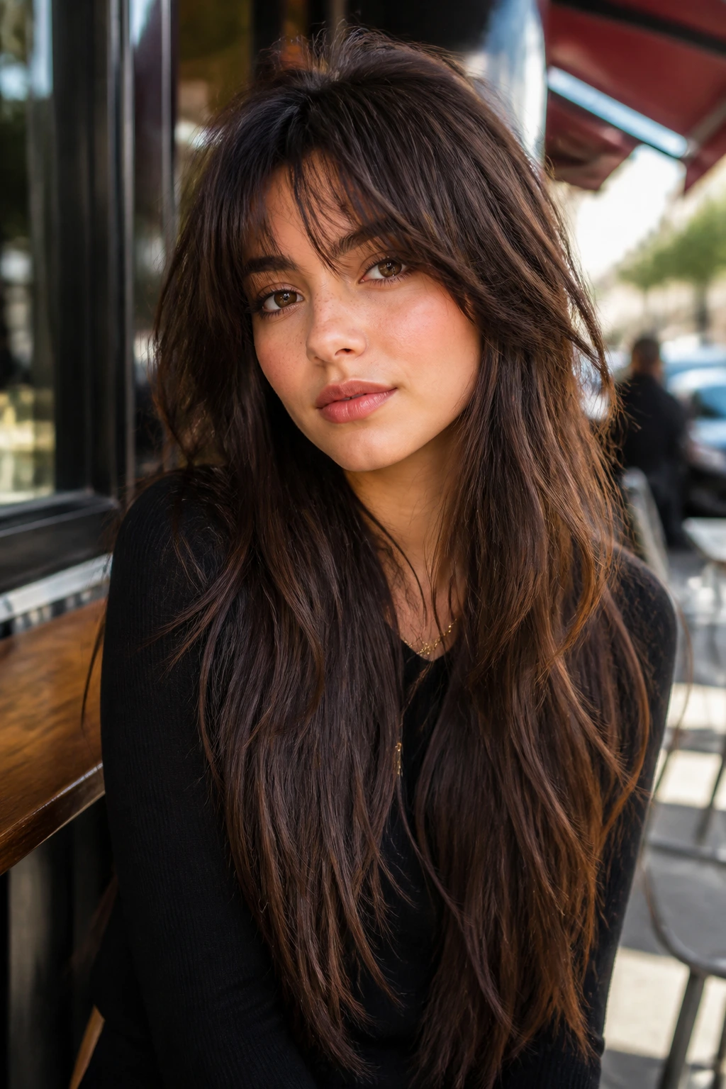 Portrait of a real woman with bottleneck bangs and textured layers in daylight