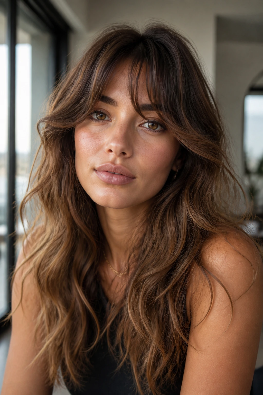 Close-up of bottleneck bangs with textured tousled waves on a real person