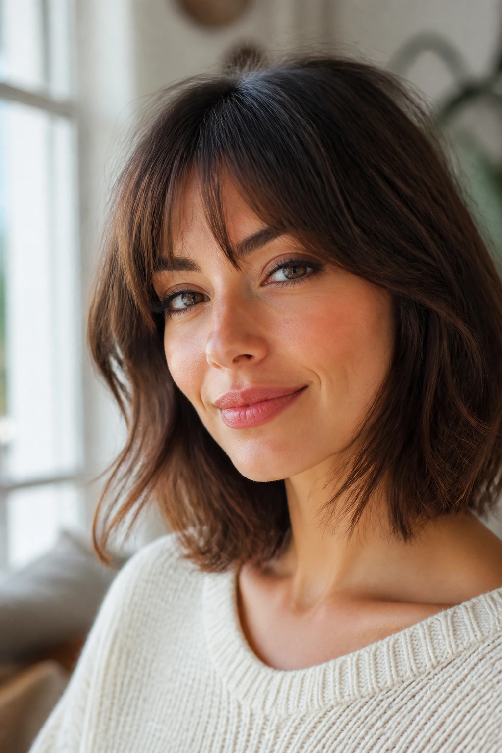 Portrait of a person wearing soft bottleneck bangs with natural volume.