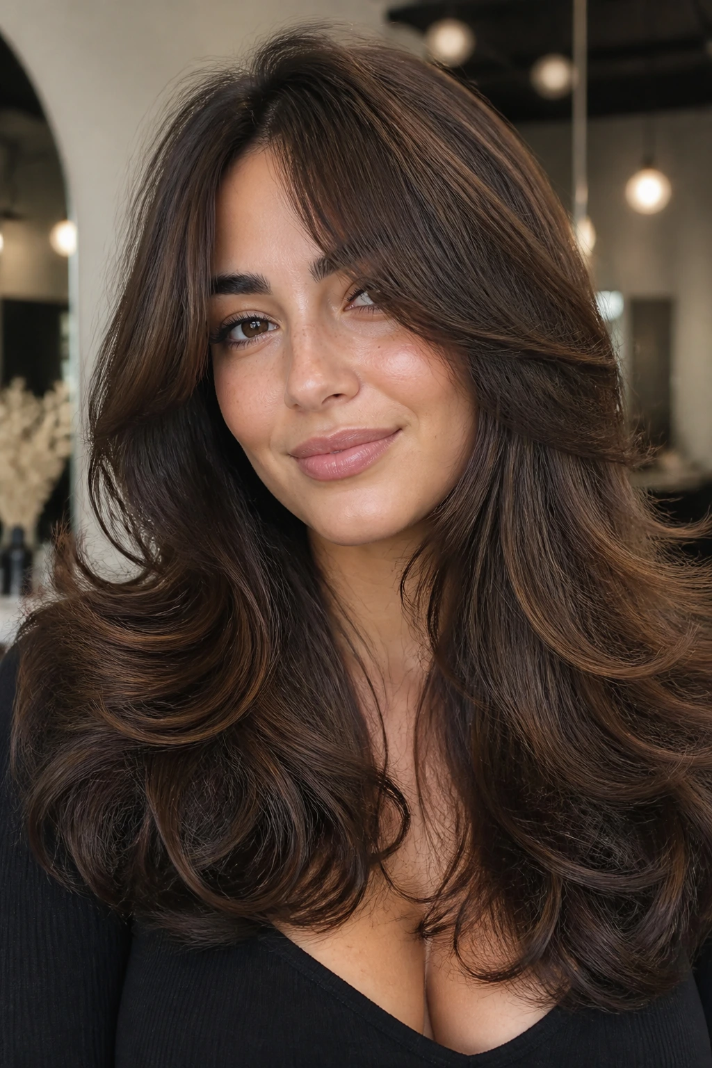 Real woman with bottleneck bangs and voluminous blowout in a salon setting