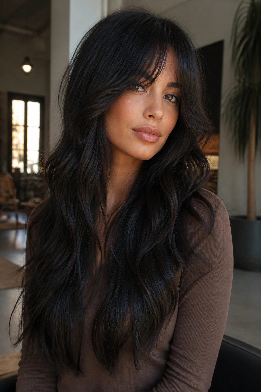 Close-up real woman with bottleneck bangs and waist-length textured layers
