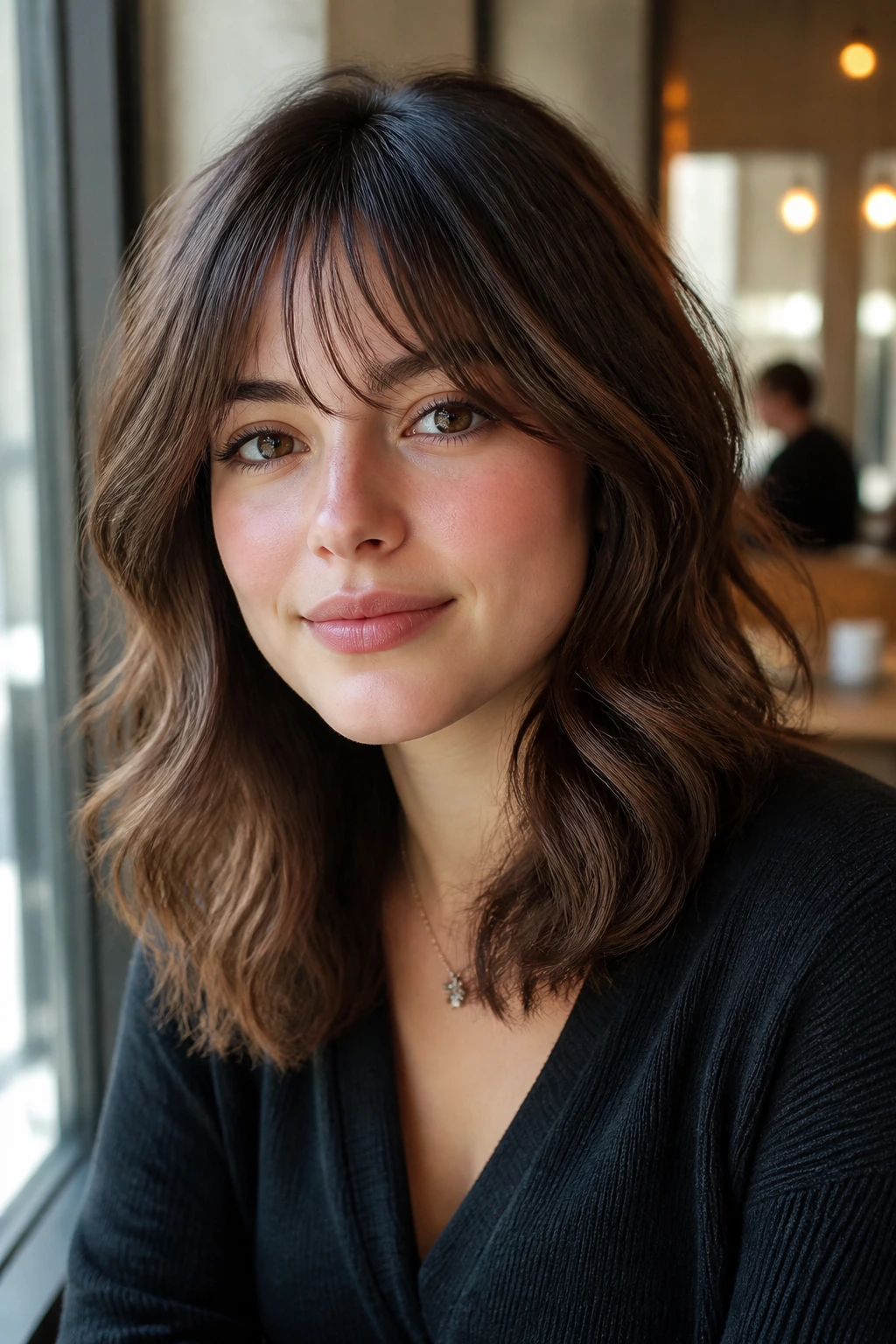 Close-up of a person with wispy bottleneck bangs and medium waves