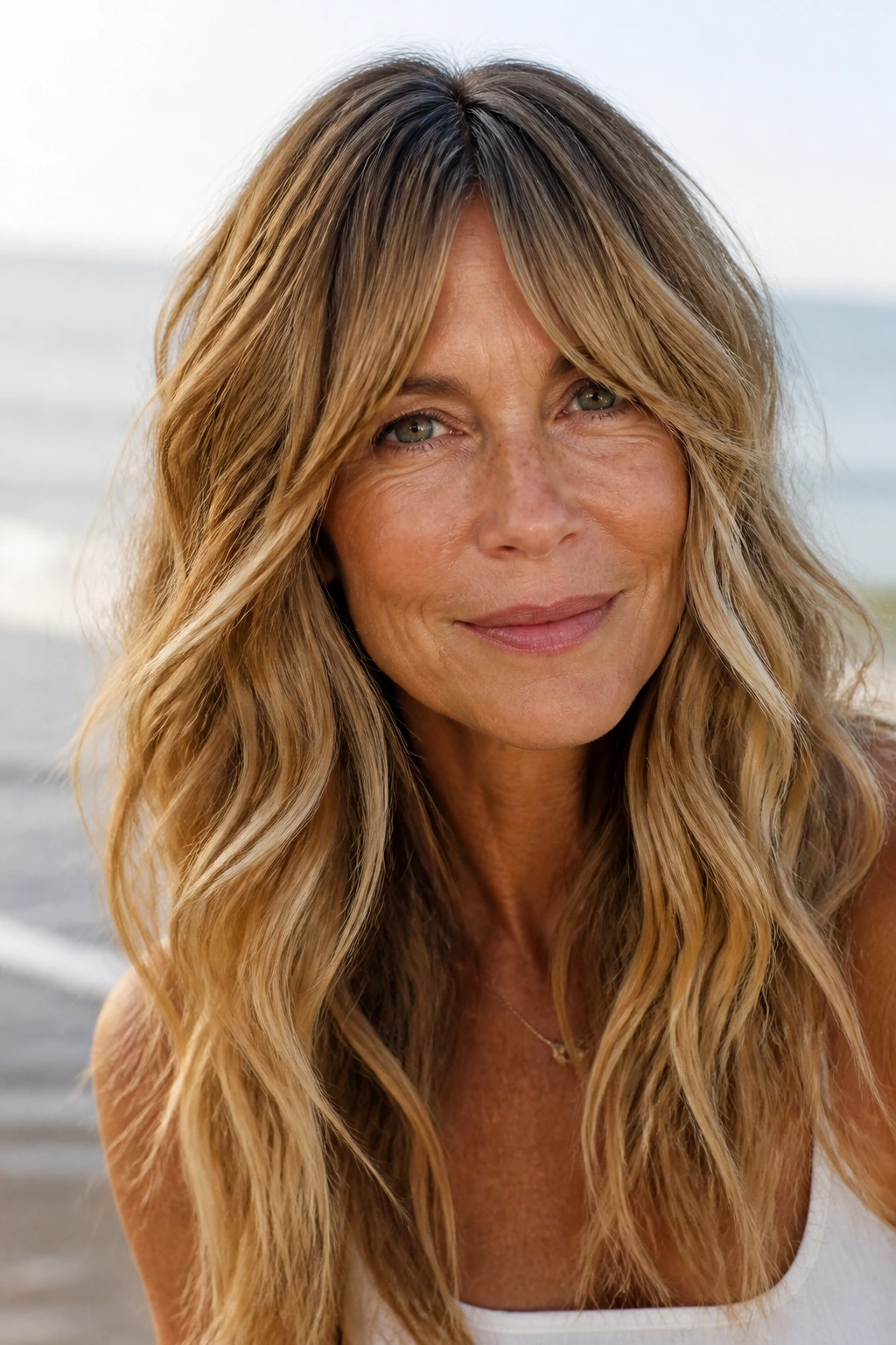 Close-up portrait of a woman with bottleneck bangs and beachy waves