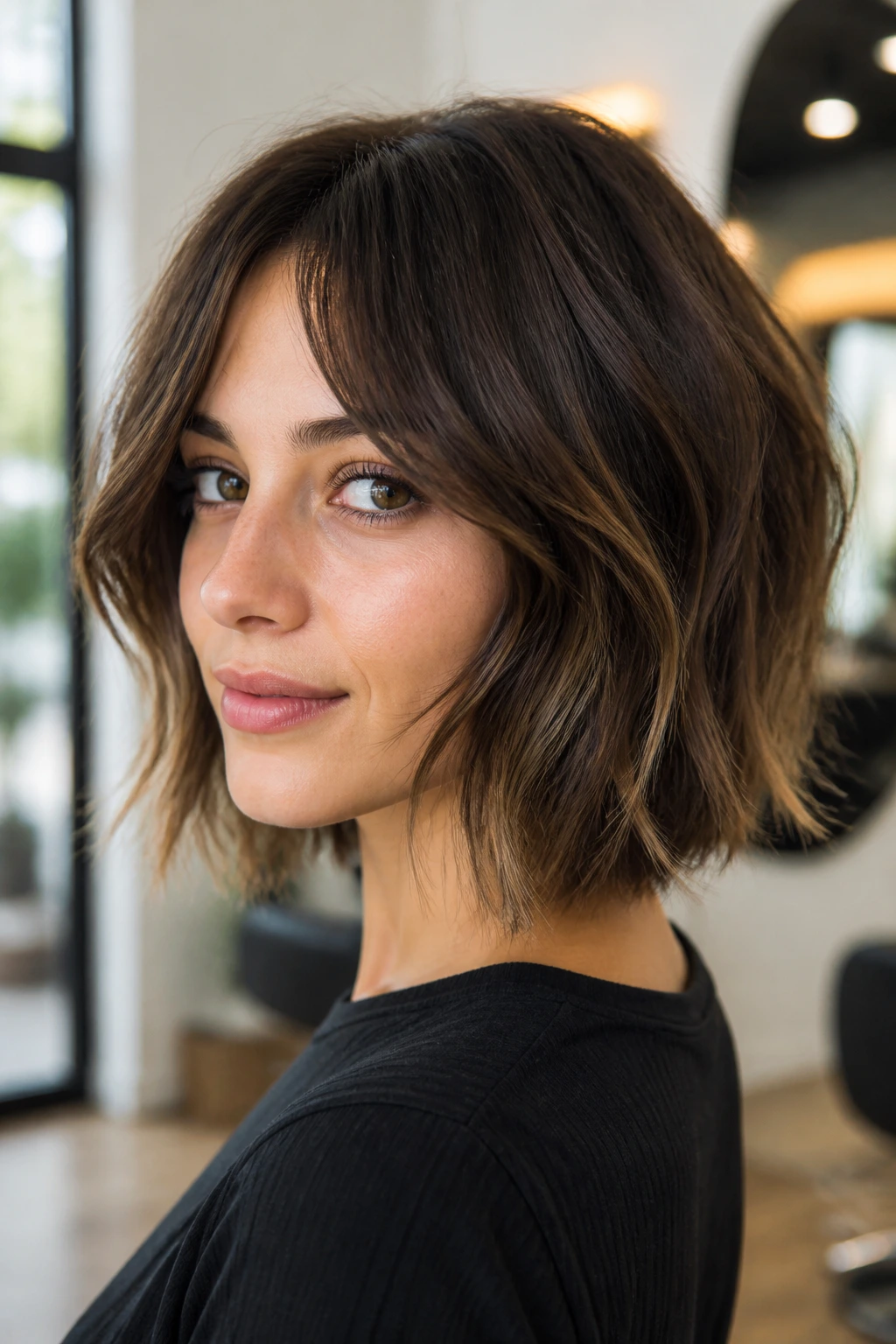 Close-up of a real woman with bottleneck bangs and textured bob in a salon