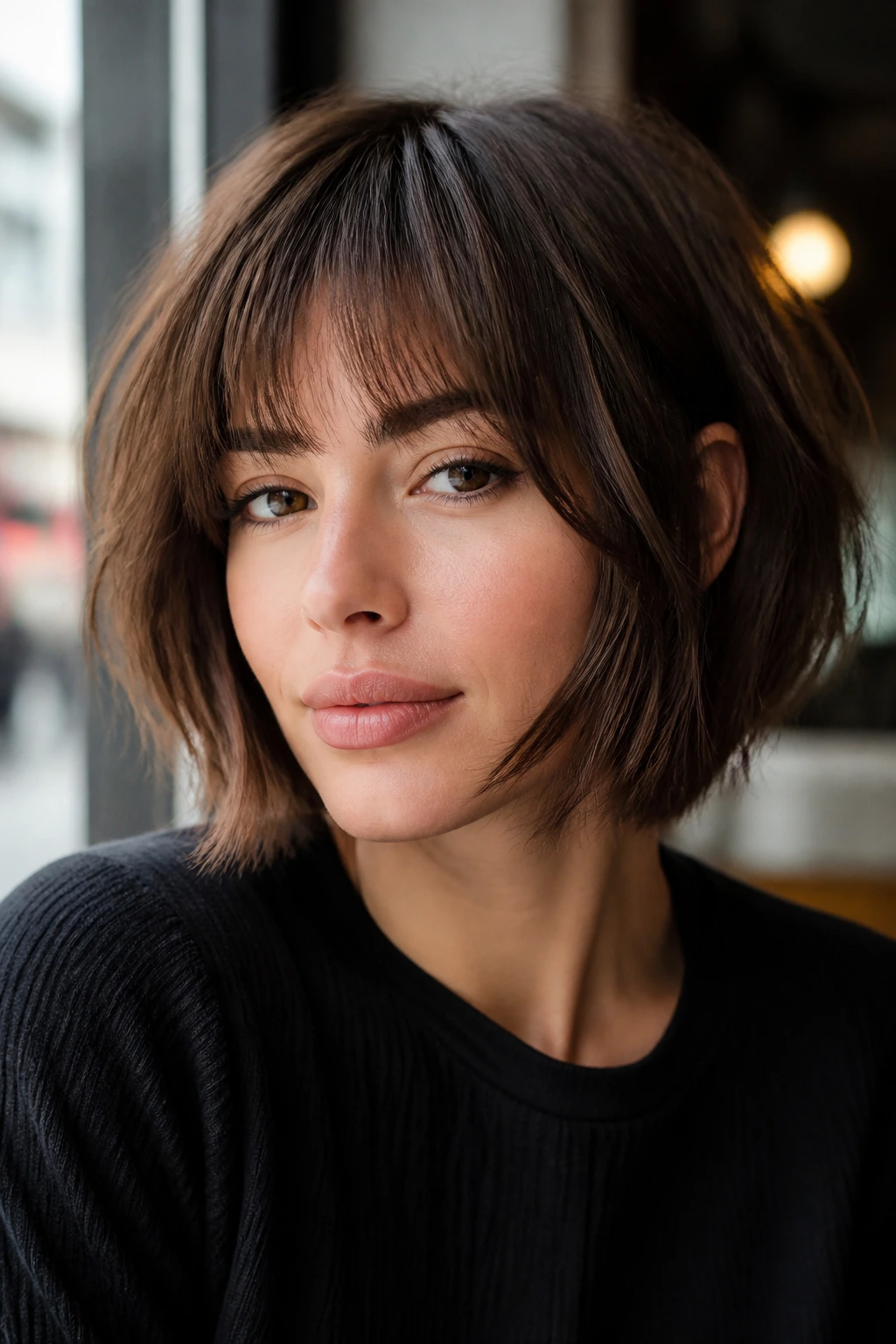 Close-up of a real woman with bottleneck fringe bob