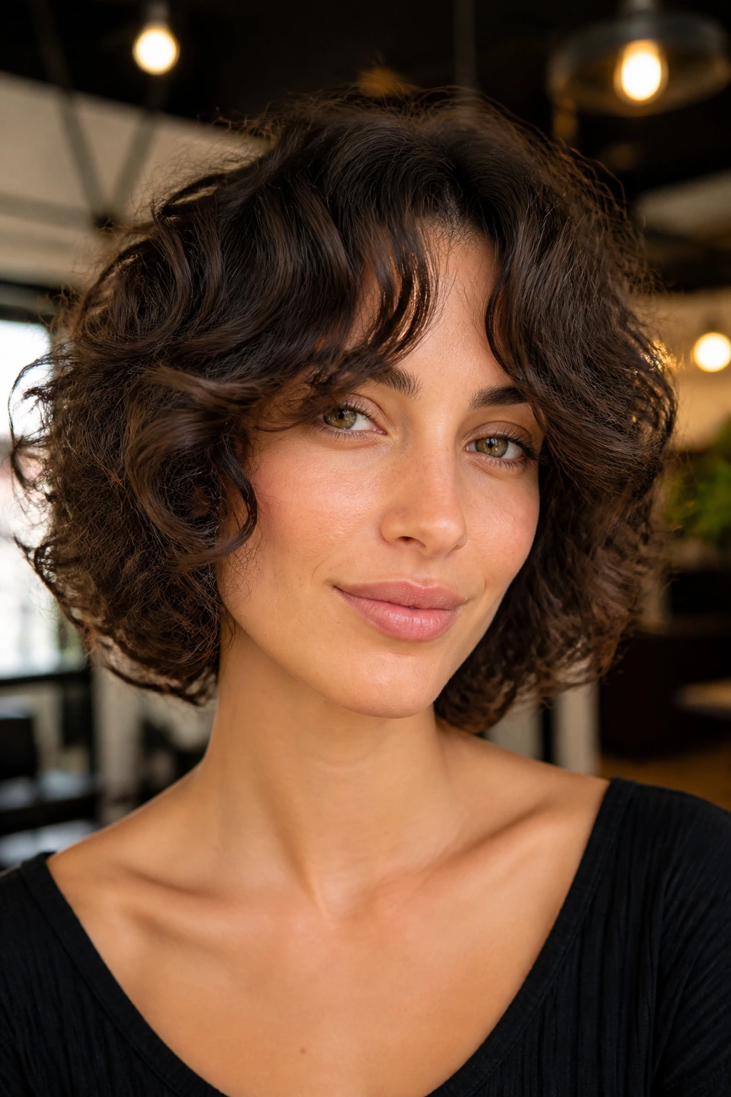 Real woman wearing bottleneck bob with center-short fringe and longer sides