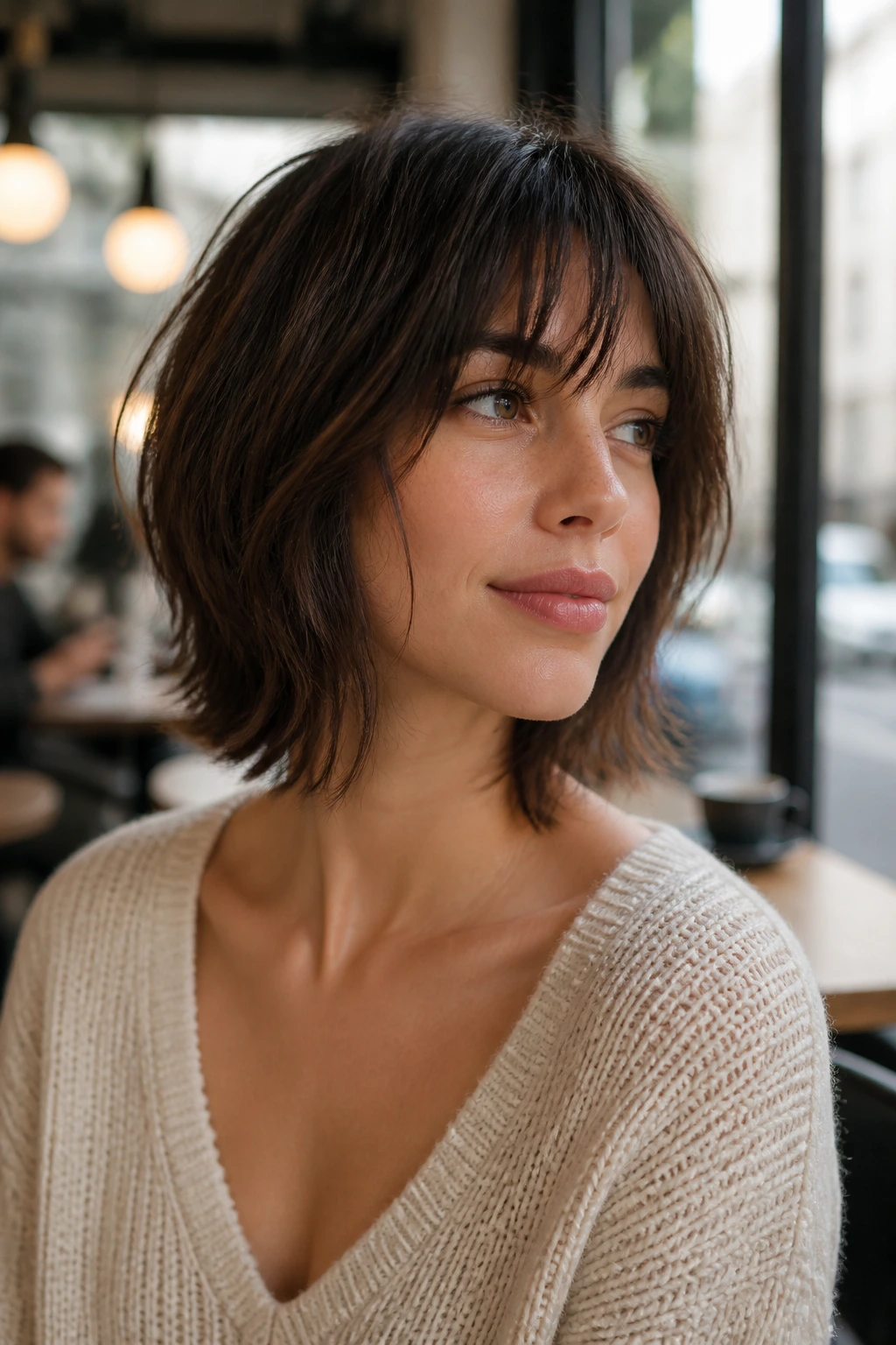 Close-up of a real woman wearing a bottleneck bob with cheek-grazing fringe