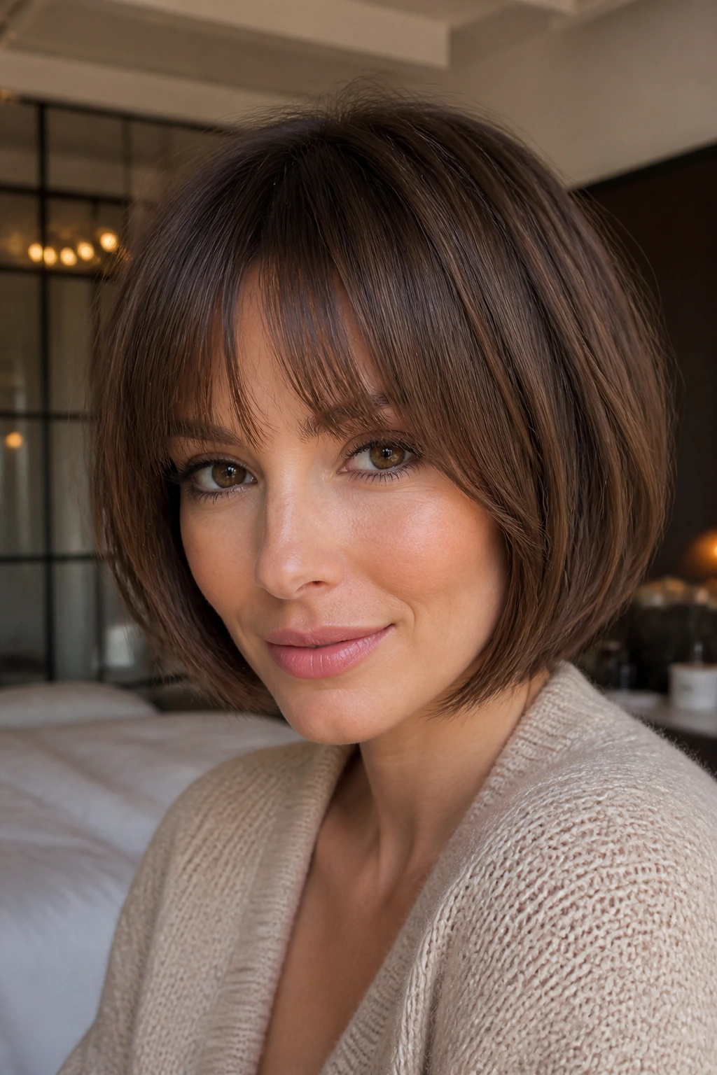 Close-up of a real person with bottleneck fringe, shorter center and longer sides framing eyes