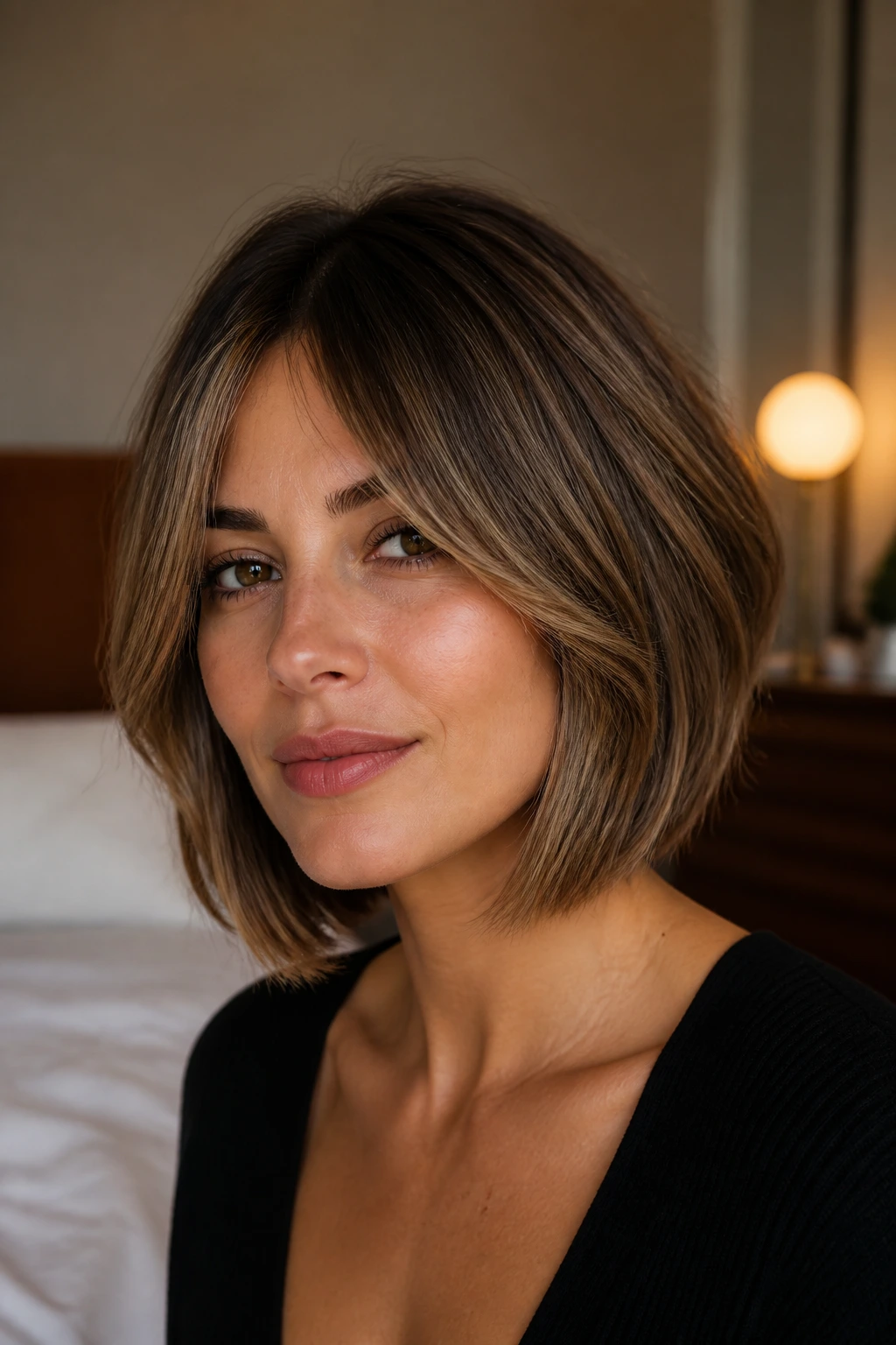 Close-up of a woman with bottleneck fringe in a softly lit room