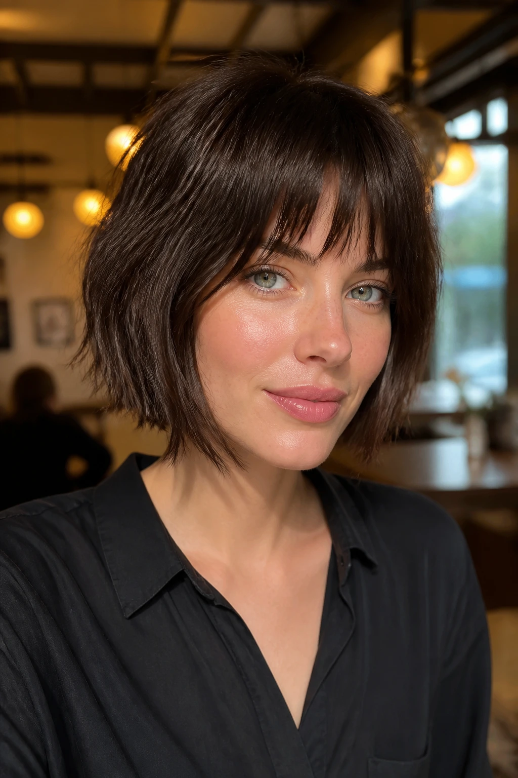 Portrait of a real woman with The Choppy 'Bottleneck' Bob showing shorter middle bangs and longer temples