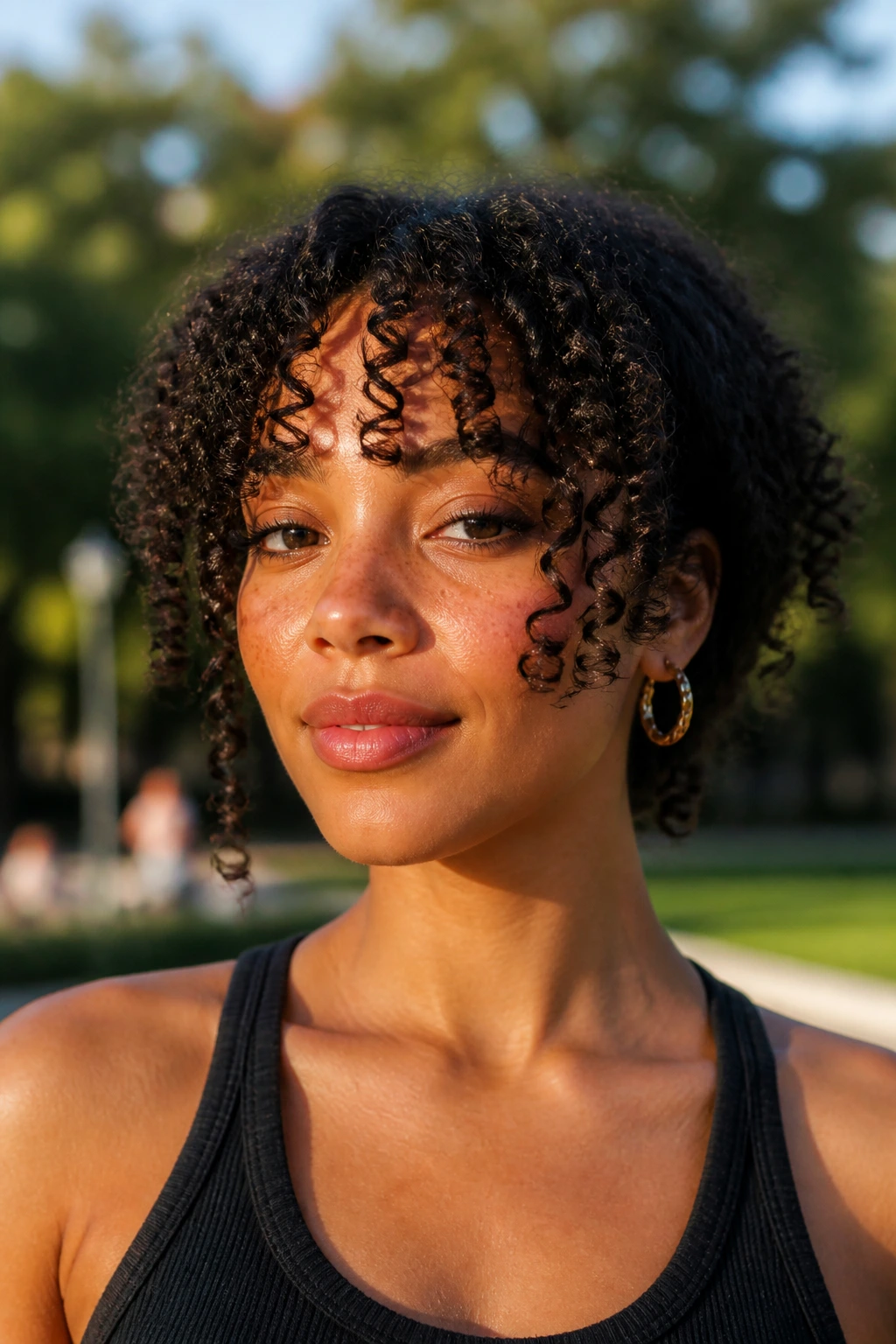 Close-up of a real person with bottleneck curls framing the forehead and cheeks.