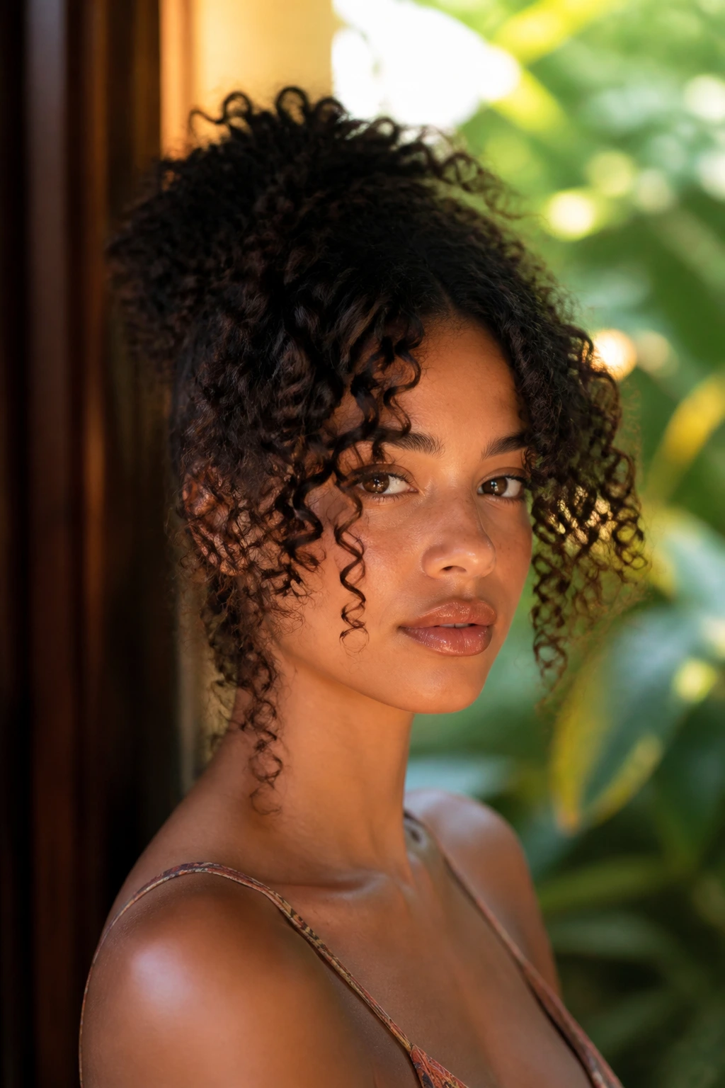 Close-up portrait of a real person with bottleneck curls framing the cheeks