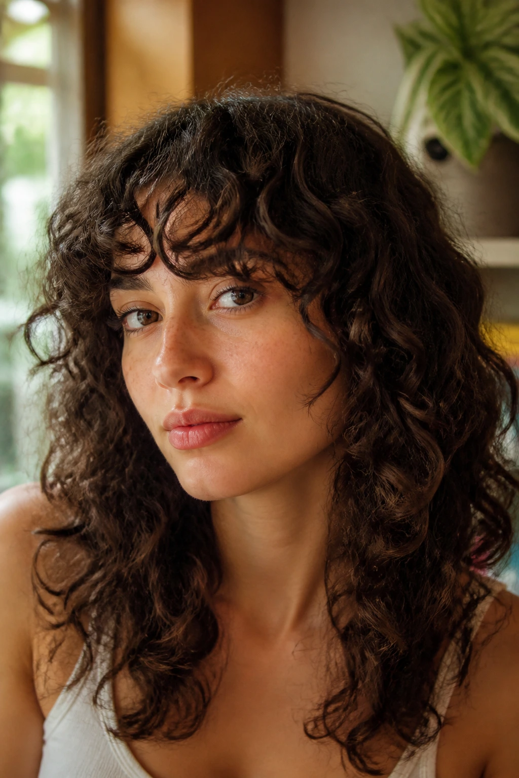 Portrait of a person with thick bottleneck curly bangs framing the eyes