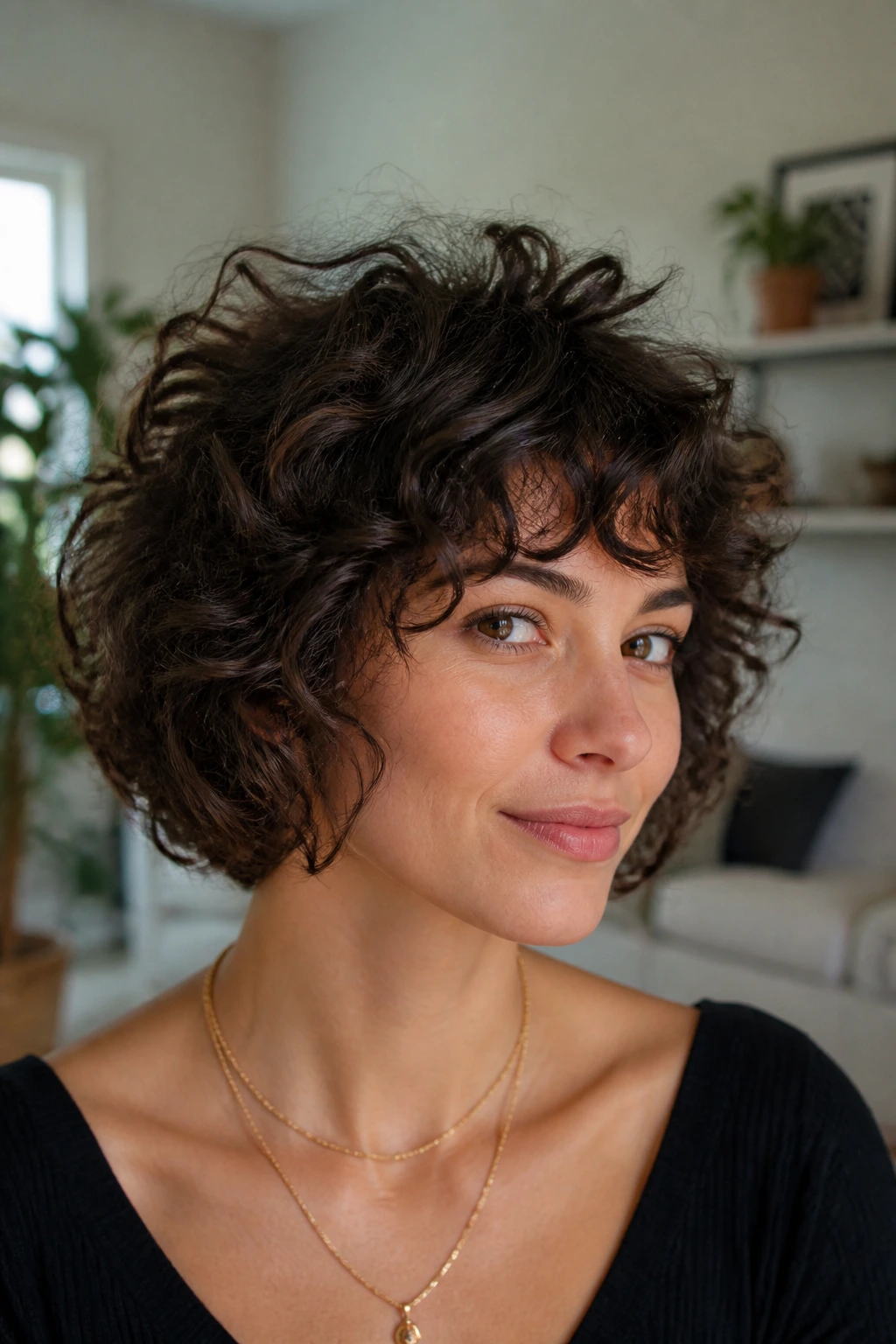 Close-up of a real person with bottleneck curls at crown in a bright living room