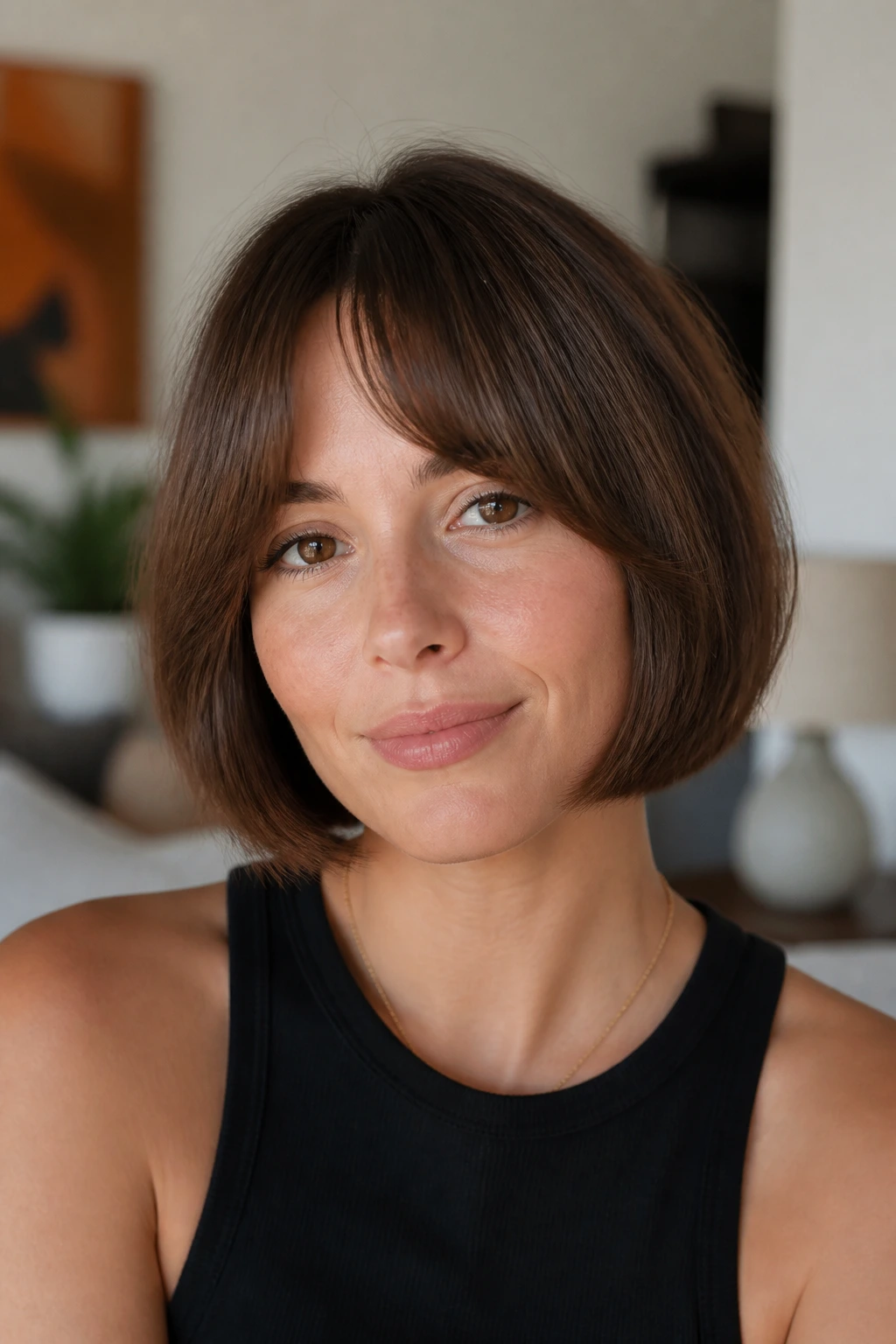 Portrait of a woman with bottleneck curtain bangs and jaw-length bob