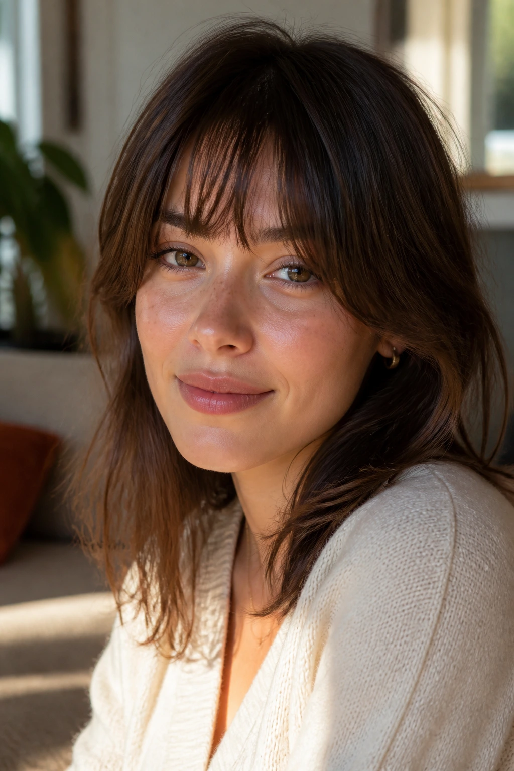 Close-up of a real woman with bottleneck fringe above the eyebrows in cozy morning light