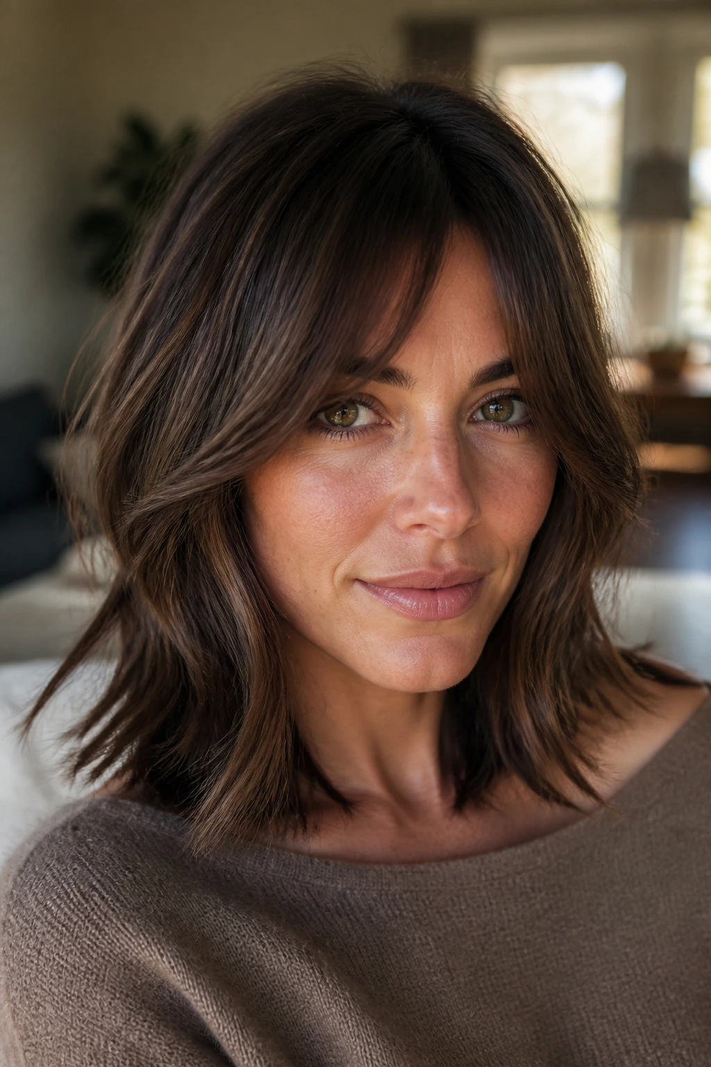 Portrait of a woman with bottleneck fringe hugging cheekbones