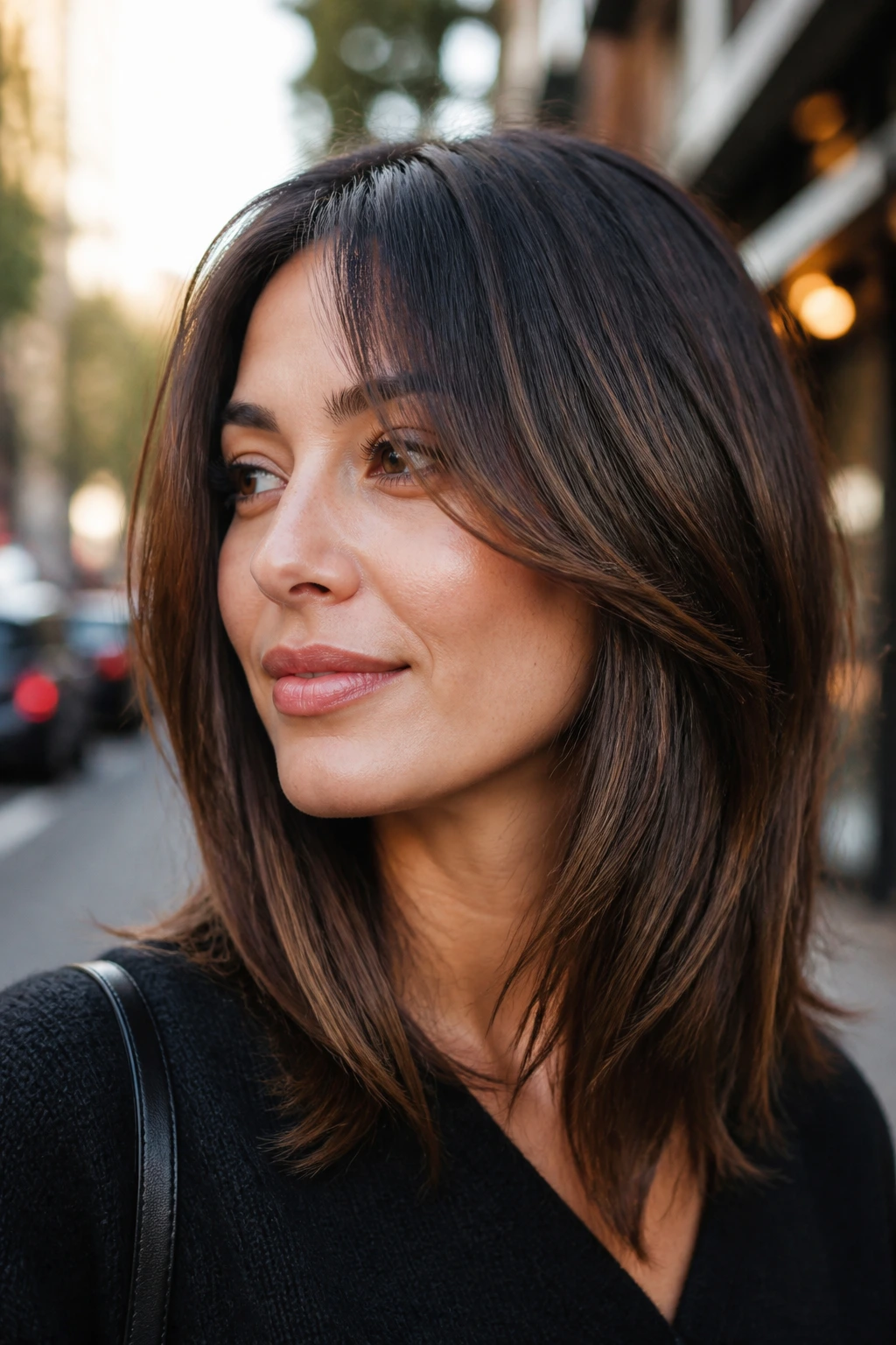 Close-up of a real woman with bottleneck face-framing layers