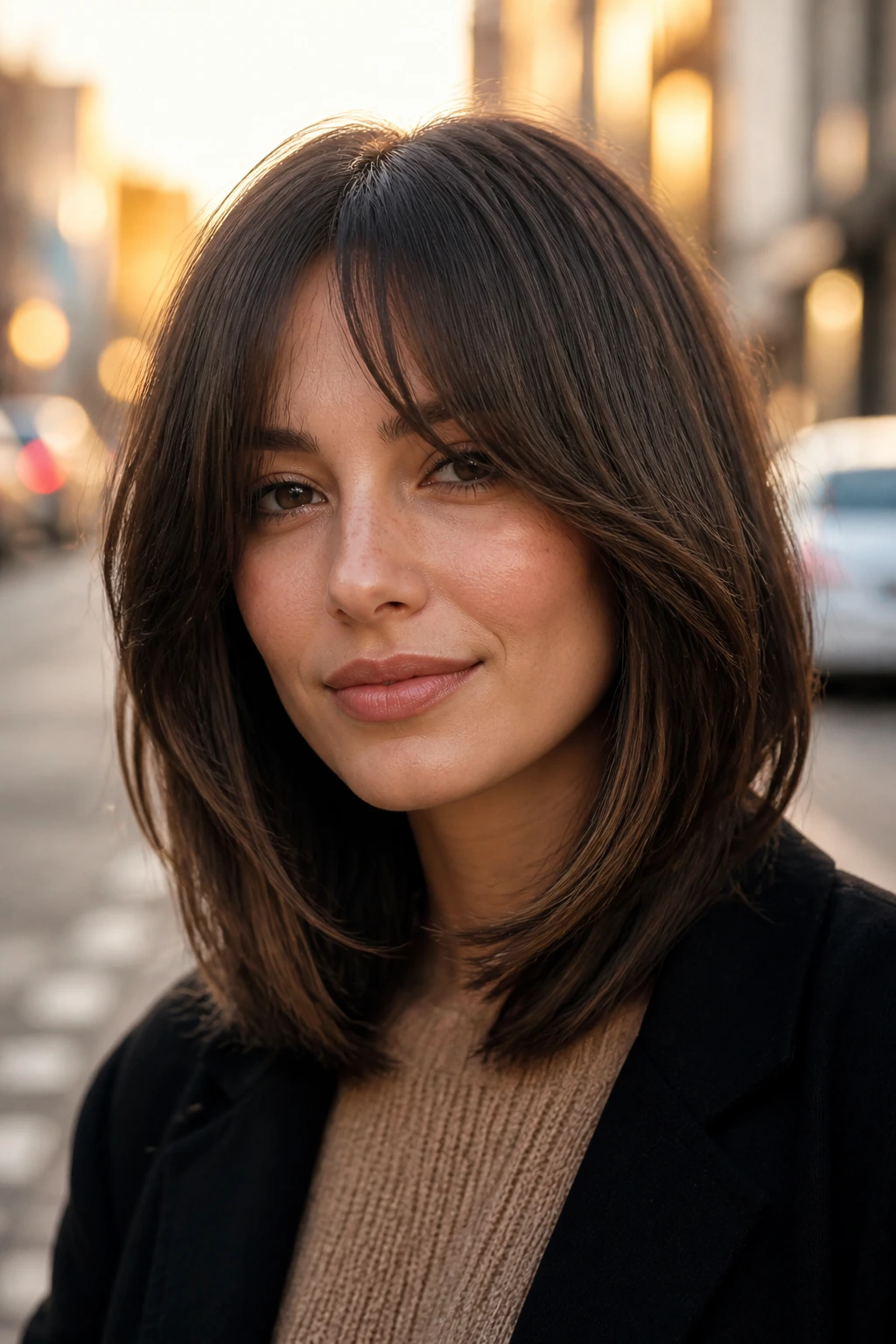Close-up portrait of a real woman with bottleneck lob bangs on a city street at sunset