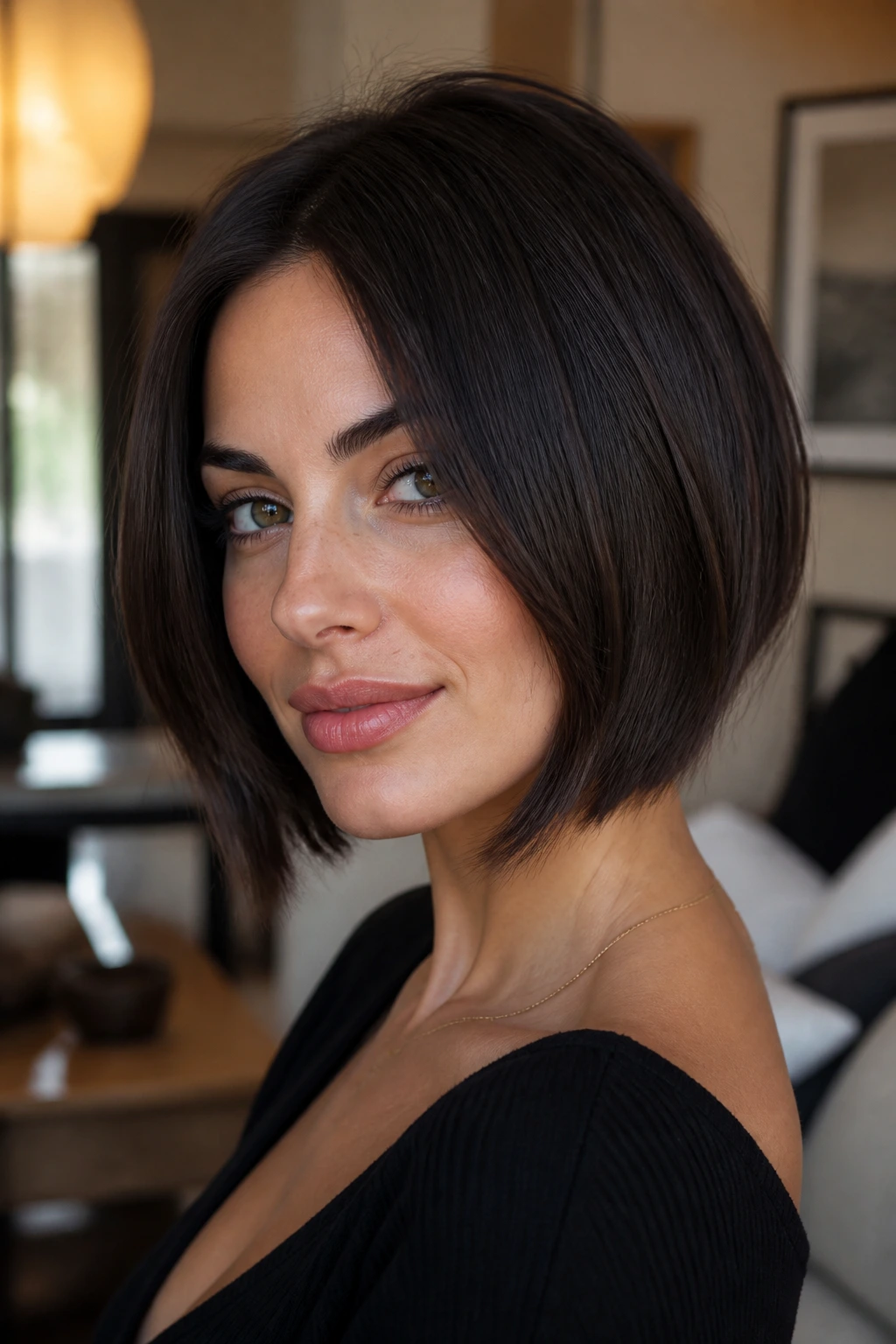 Medium close-up of a real woman with bottleneck razor bob, face framed by shorter crown layers.