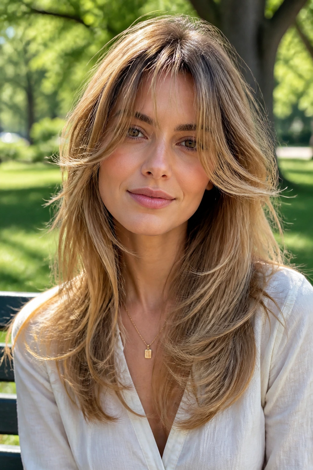 Close-up portrait of a real woman with Heavily Layered Bottleneck Sweep framing the eyes