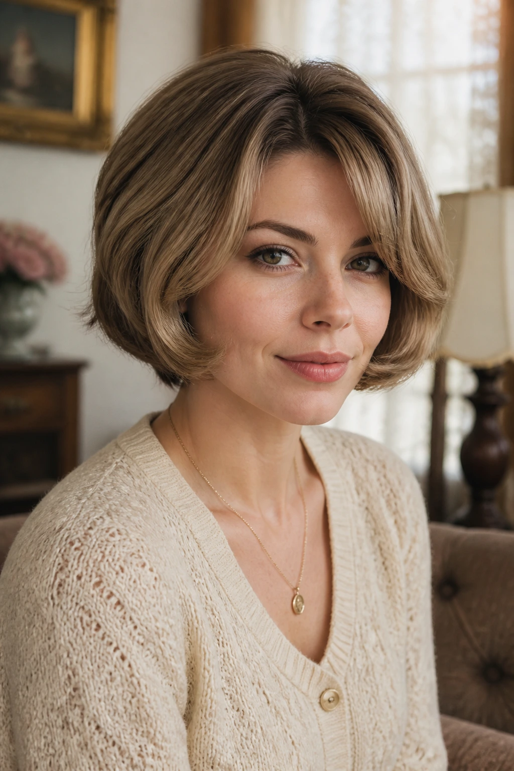 Close-up of a real woman with bottleneck tapered bob and voluminous crown