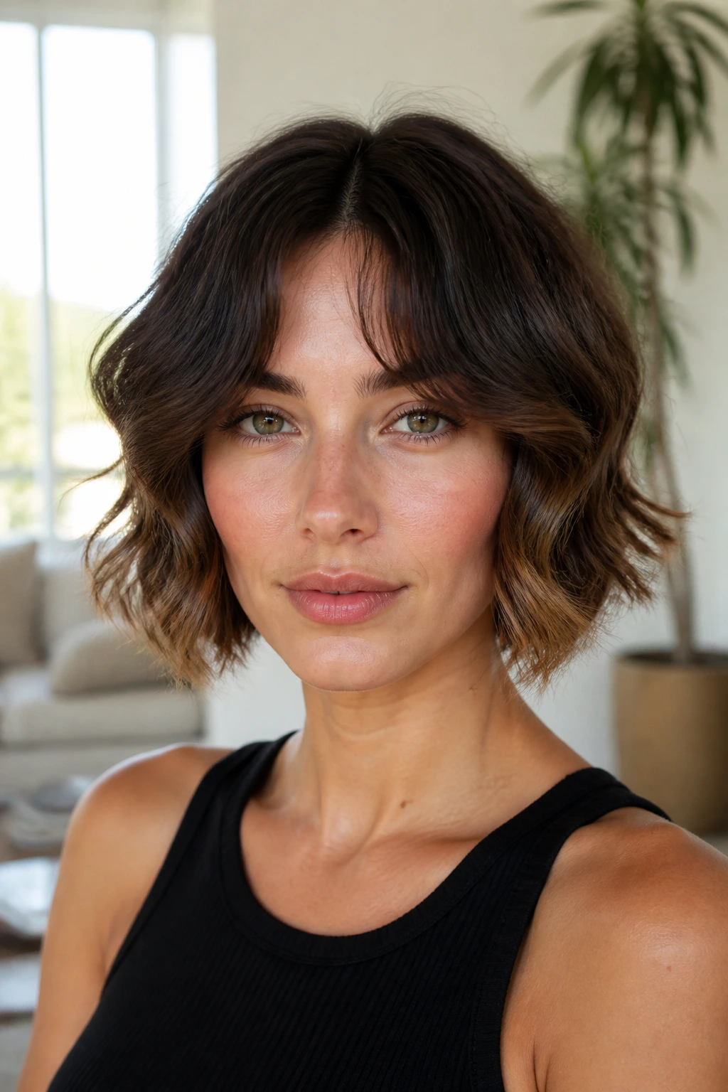 Close-up of a real woman with bottleneck fringe wavy bob and soft waves.