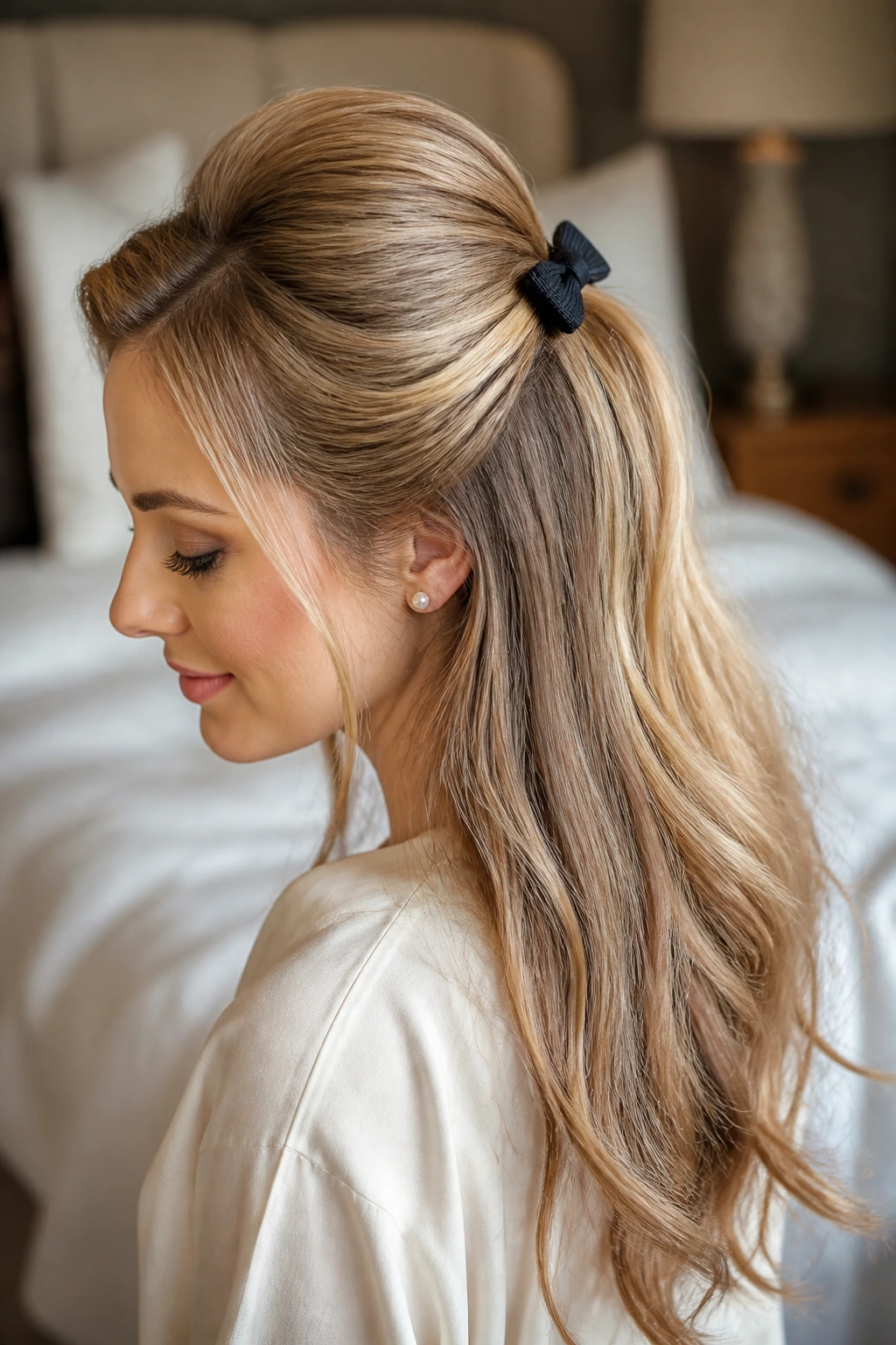 Close-up of real woman's half-up bouffant secured with a grosgrain ribbon barrette
