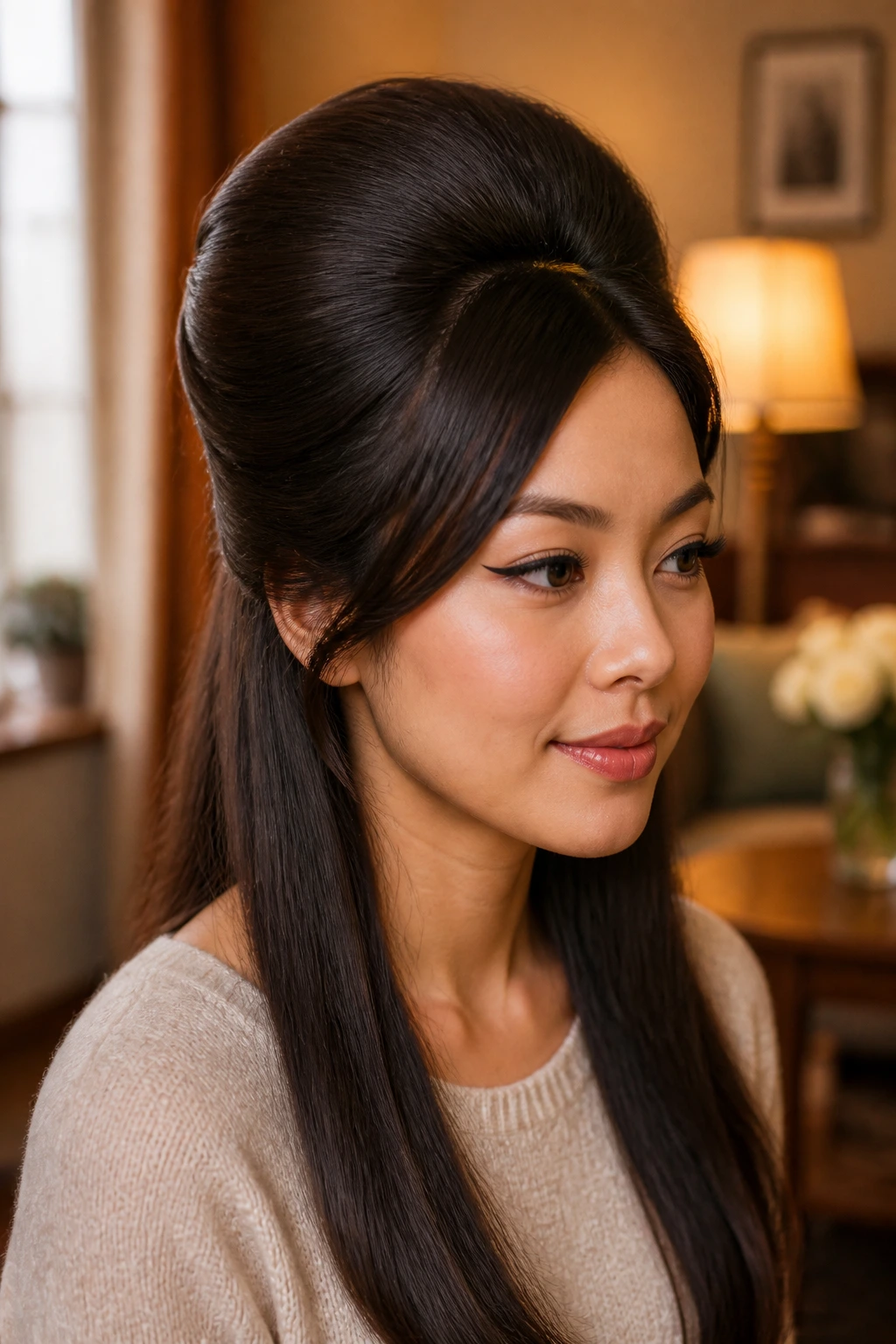 Portrait of woman with 1960s bouffant half-up hairstyle.