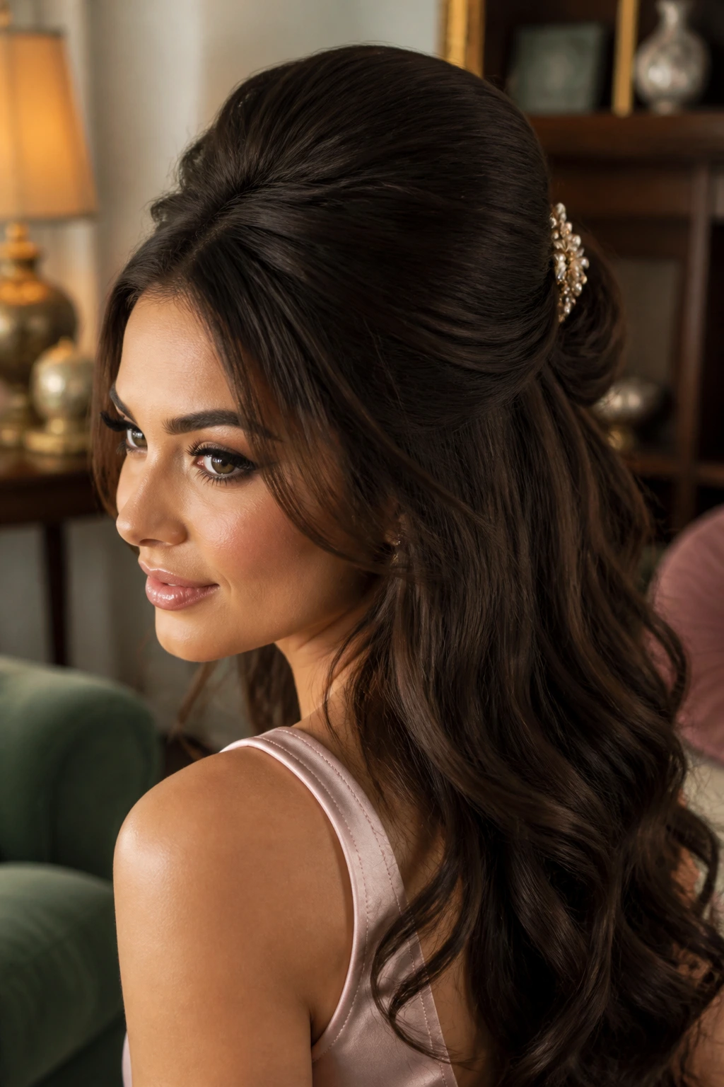 Close-up of a real woman with a voluminous half-up bouffant and barrette