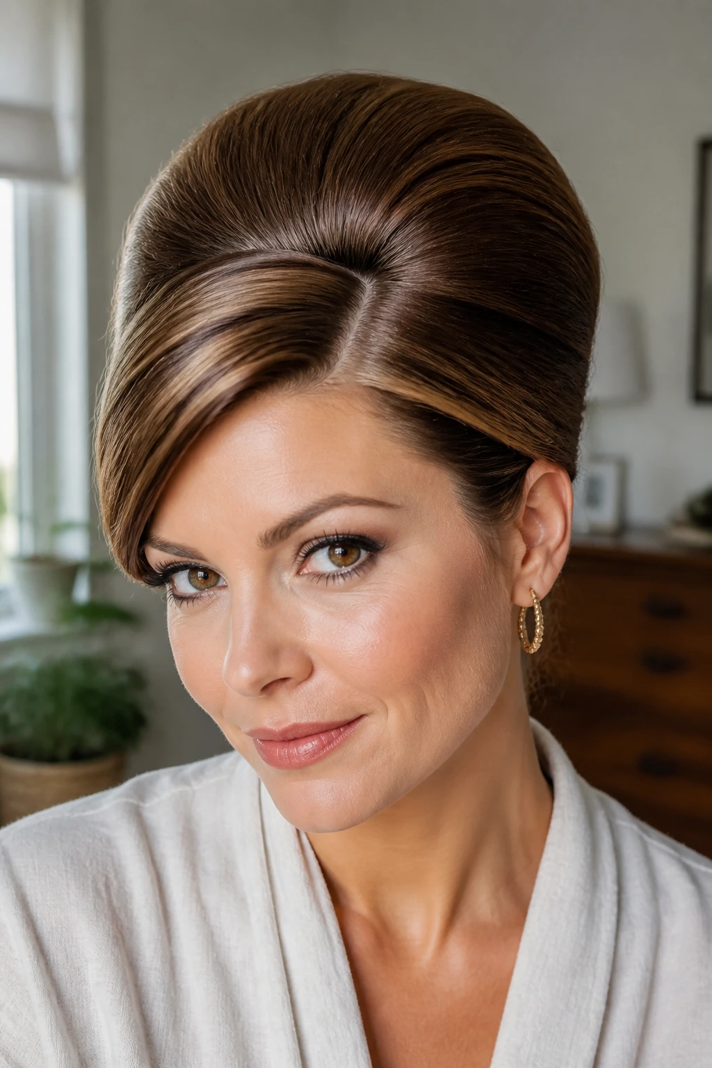Close-up portrait of a real woman with a deep side-parted smooth bouffant