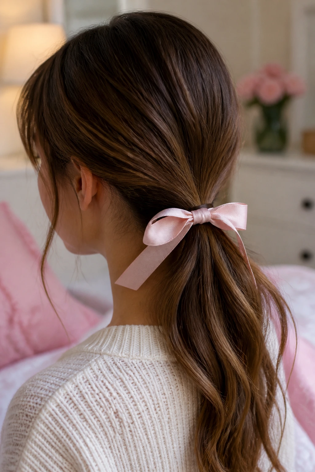 Close-up of a real person with a bow-tied low ponytail