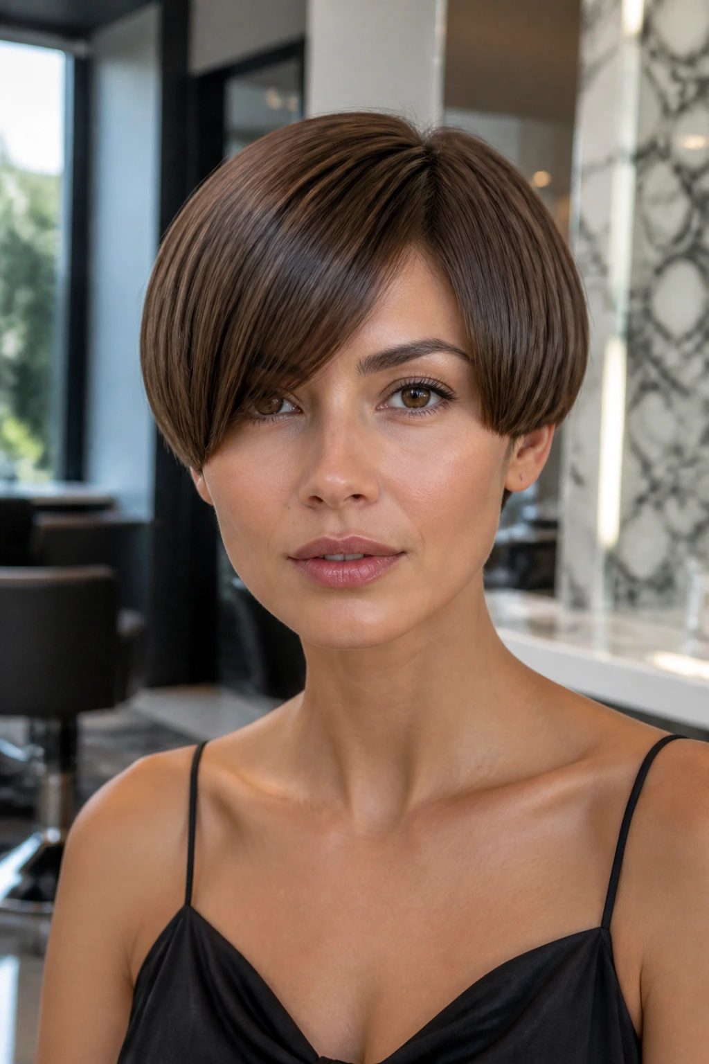 Head-and-shoulders portrait of a woman with a side-parted bowl bob