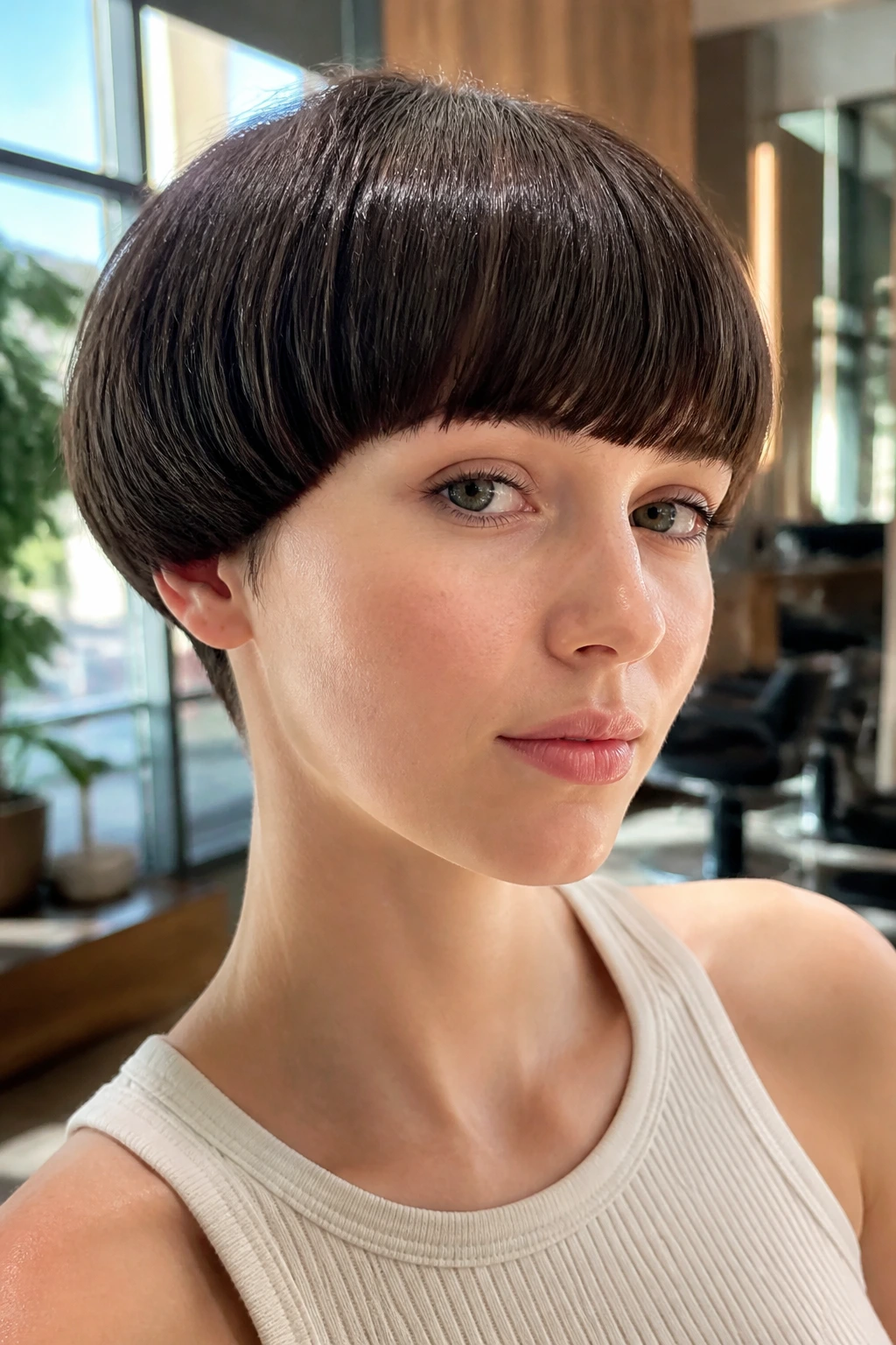 Close-up of a real person with bowl cut and thick rounded bangs