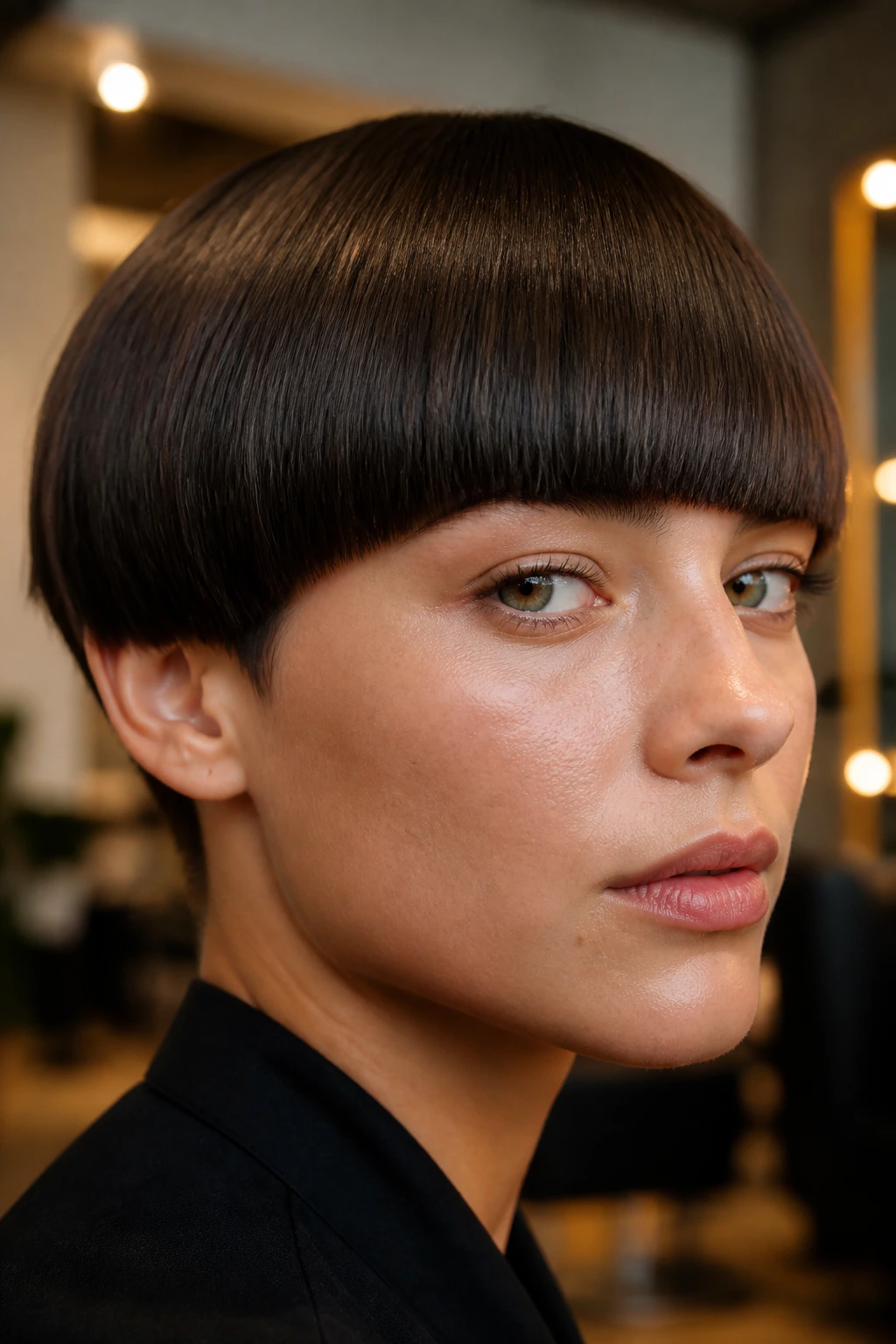 Real person with blunt-bang bowl cut in chic salon lighting