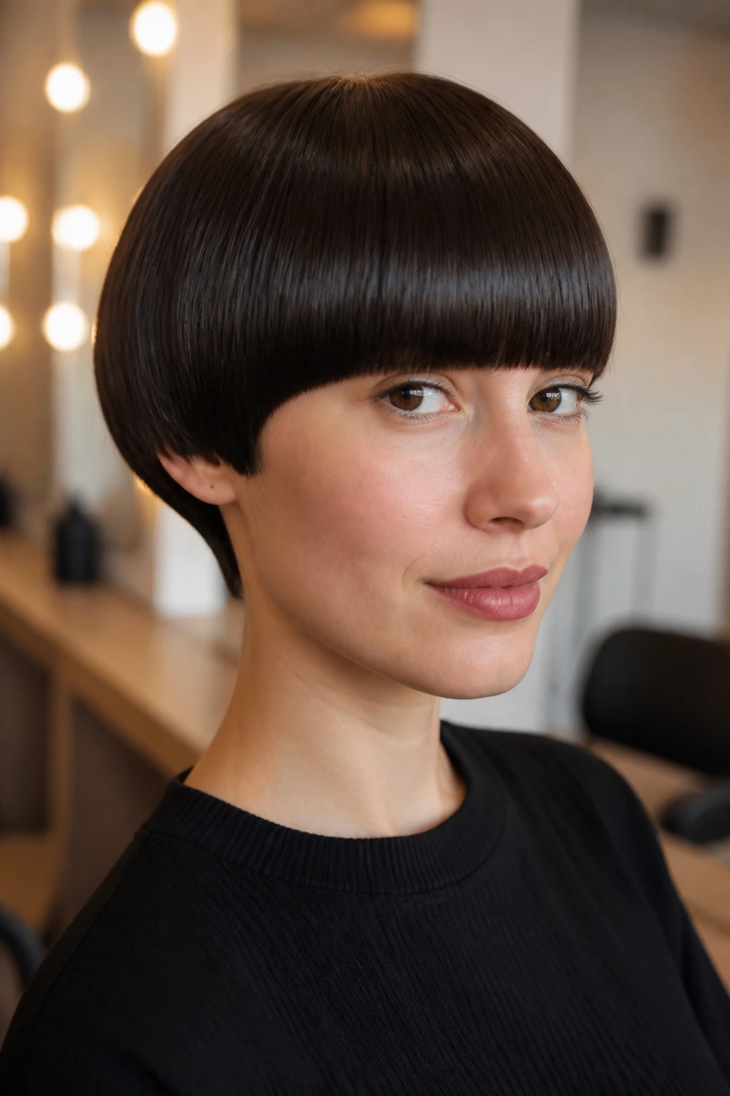 Close-up portrait of a person with rounded bowl cut and thick blunt fringe.