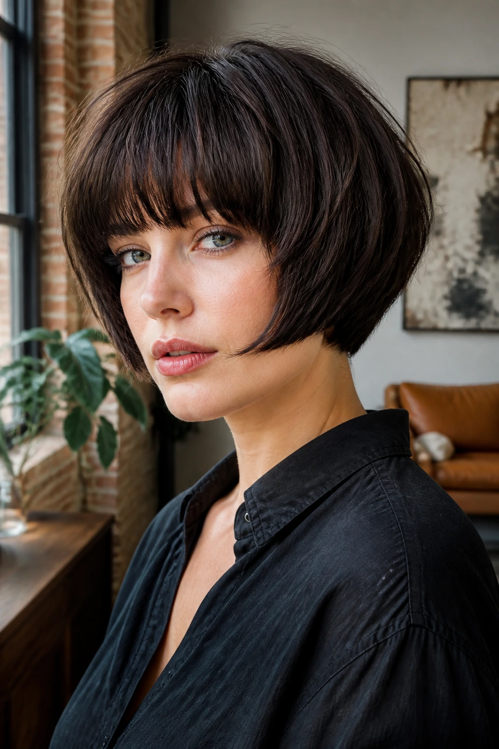 Real person with rounded bowl choppy bob and heavy bangs in a front view