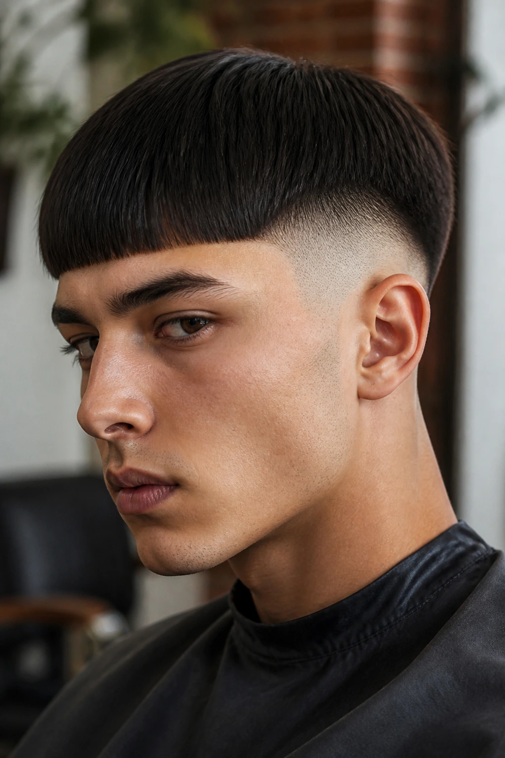Close-up of a blunt bowl cut with a high fade on a real person