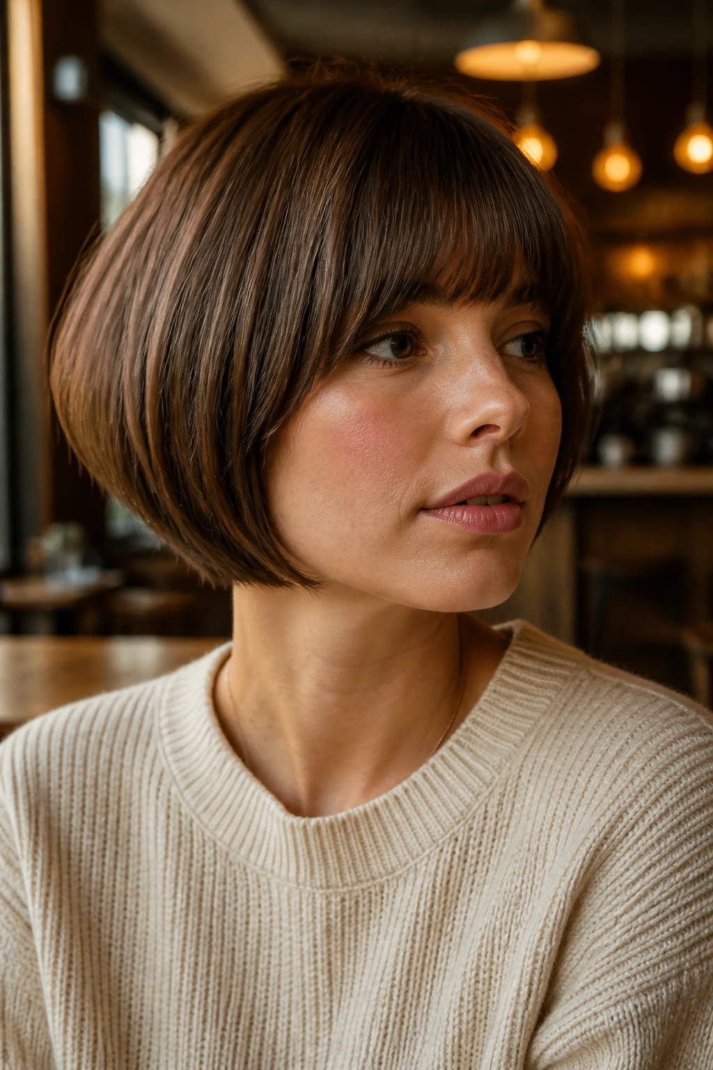 Real woman with soft rounded bowl-cut angled bob in warm cafe light