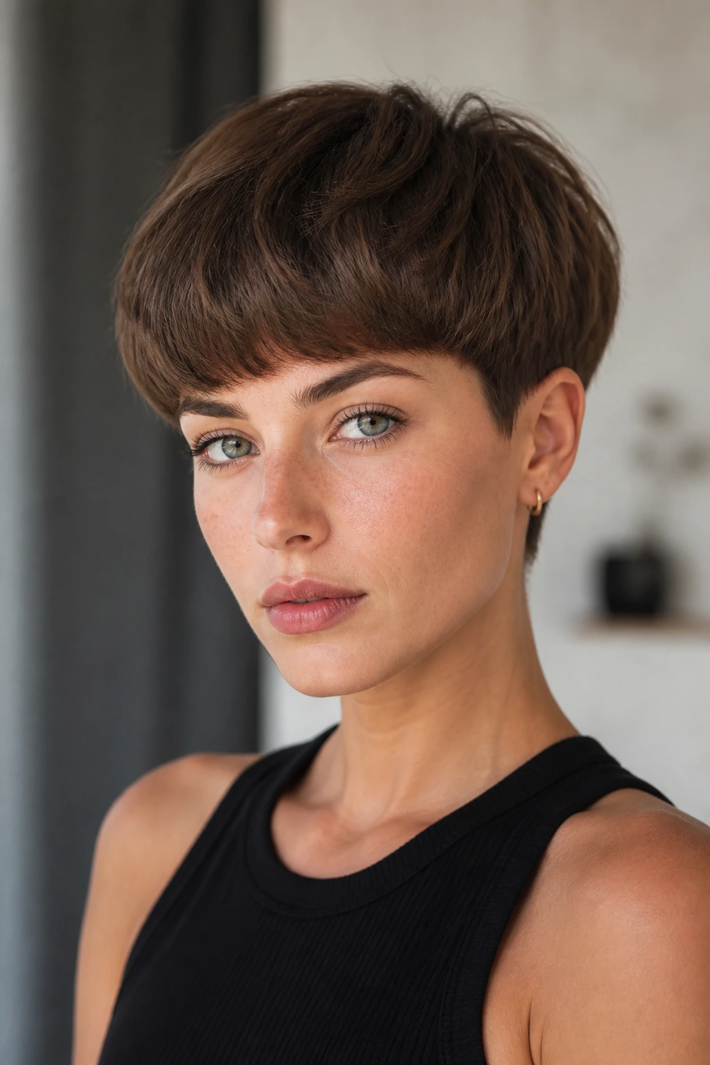 Portrait of a real person with a modern bowl-cut pixie