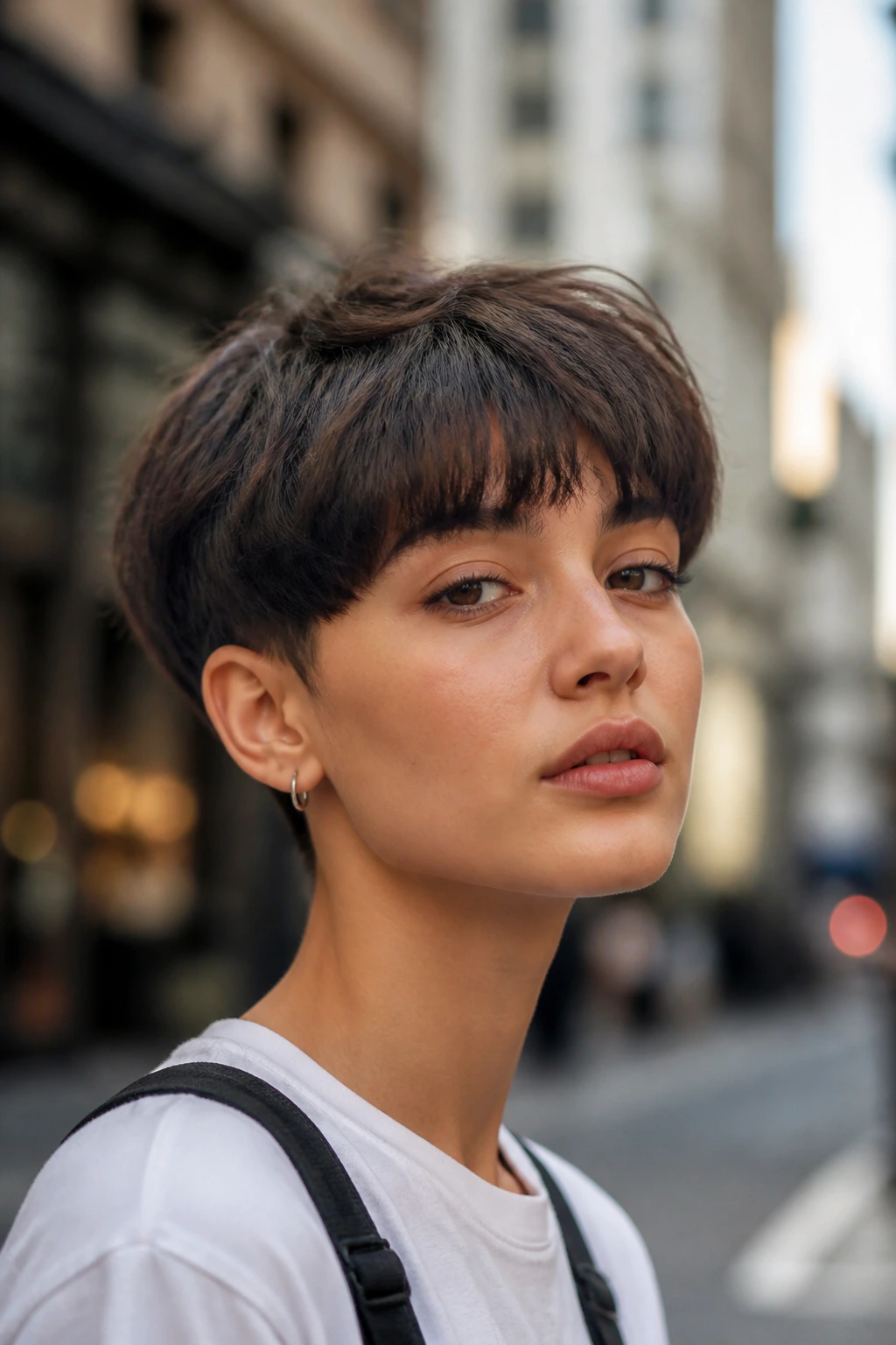 Close-up portrait of a real person with a textured bowl cut on a city street