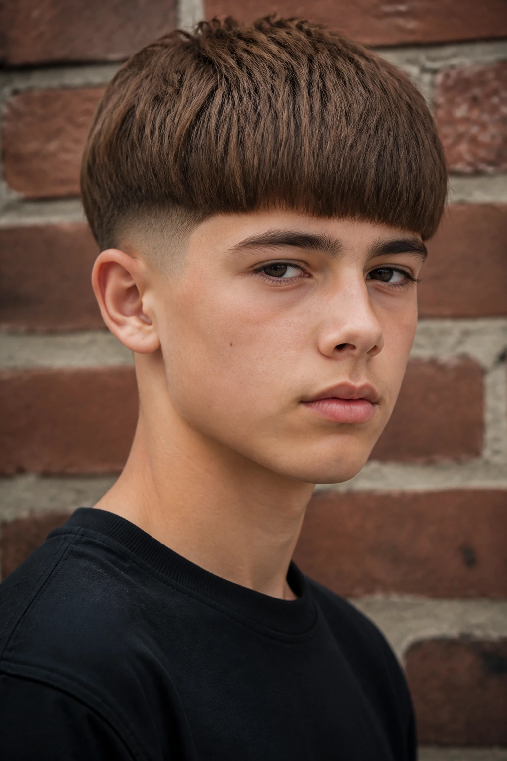 Teenage boy with a modern bowl cut against brick wall
