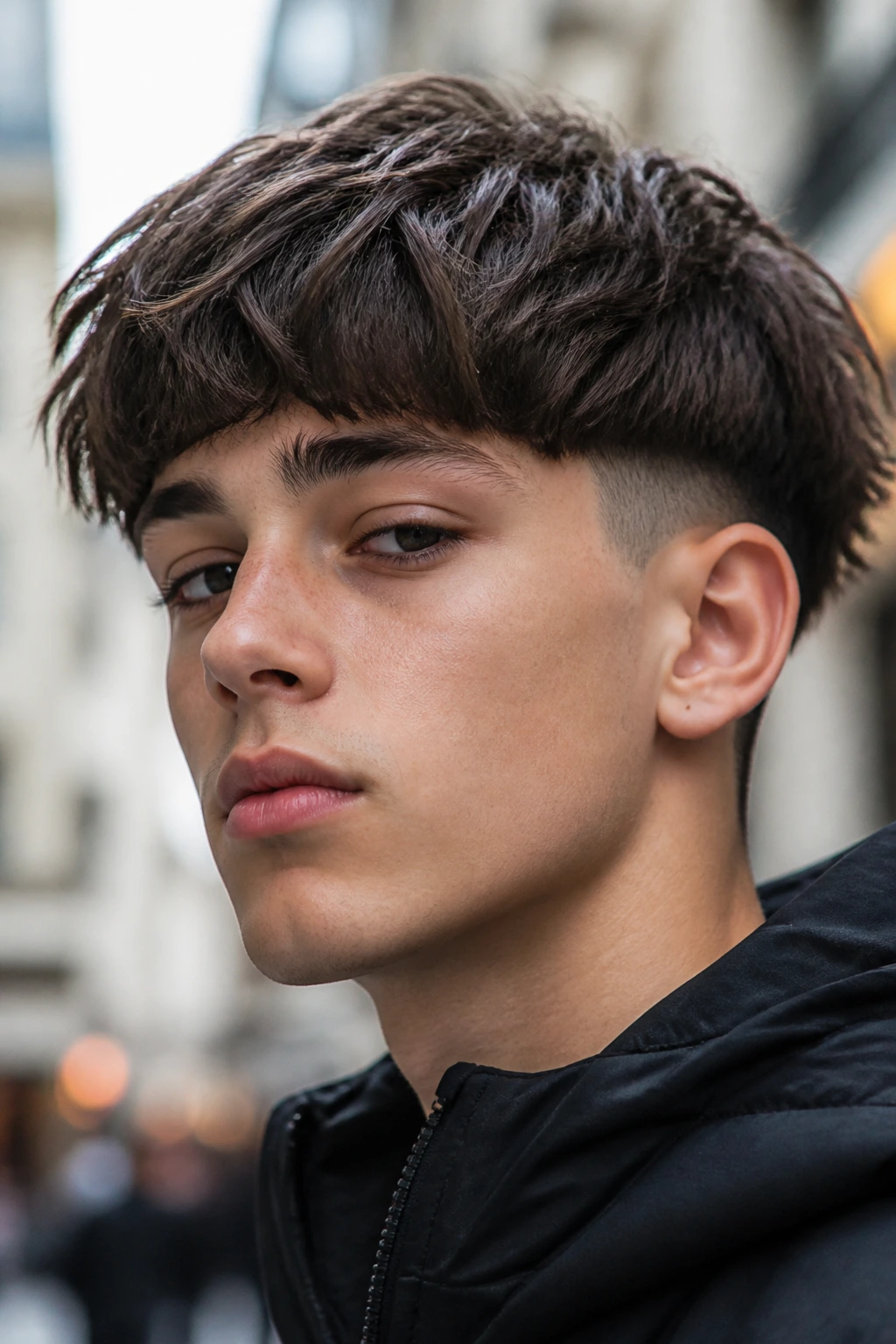 Teen with textured bowl cut and undercut on urban street